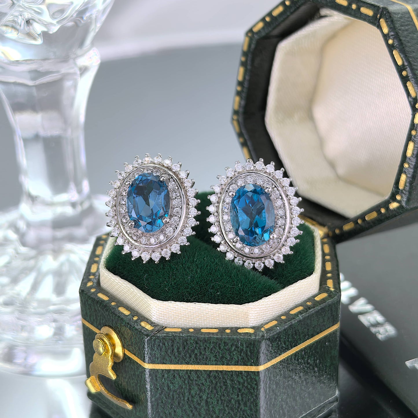 Sparkling Rhodium-Plated 925 Sterling Silver London Blue Topaz Stud Earrings
