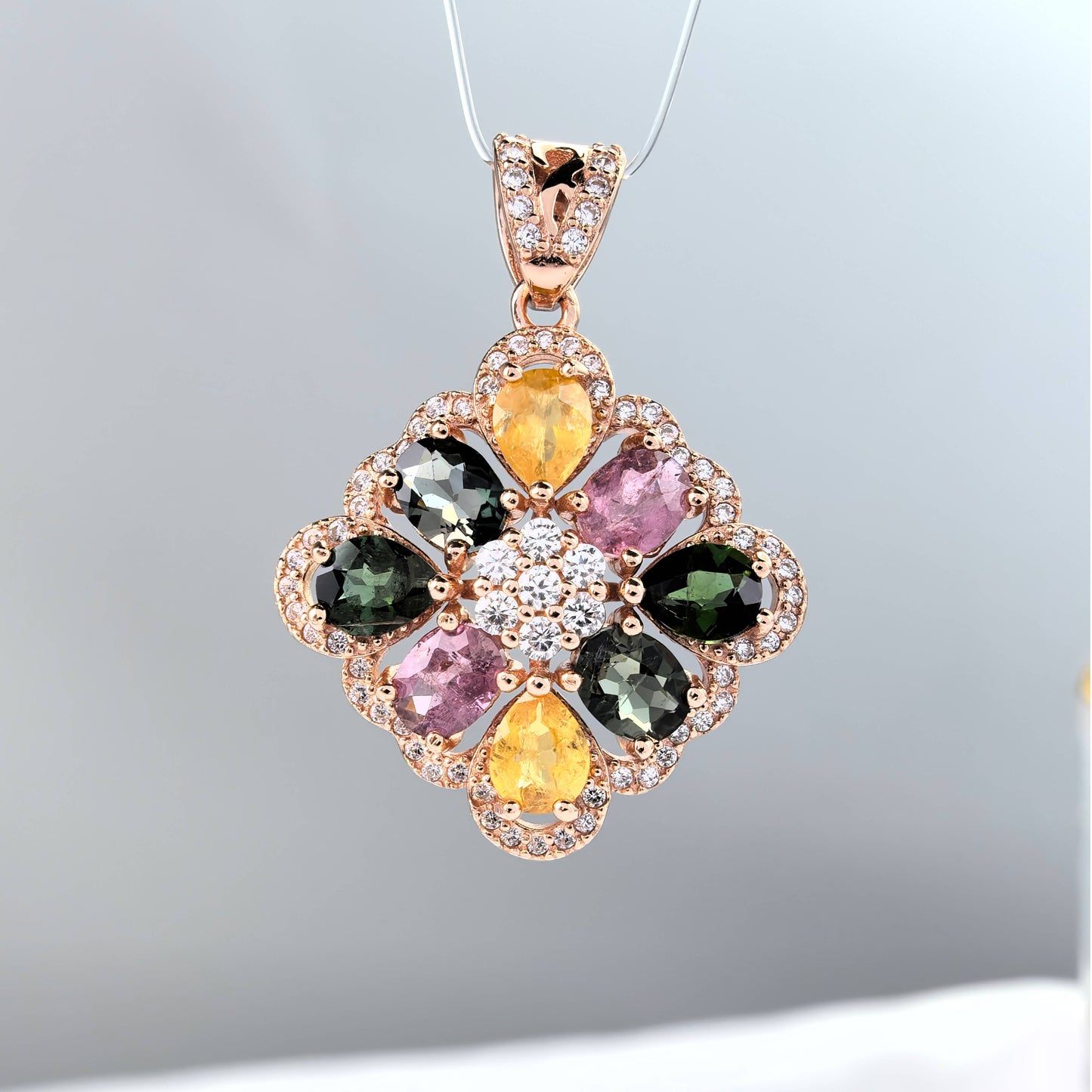 Trendy Rose Gold Plated 925 Sterling Silver Natural Tourmaline Pendant