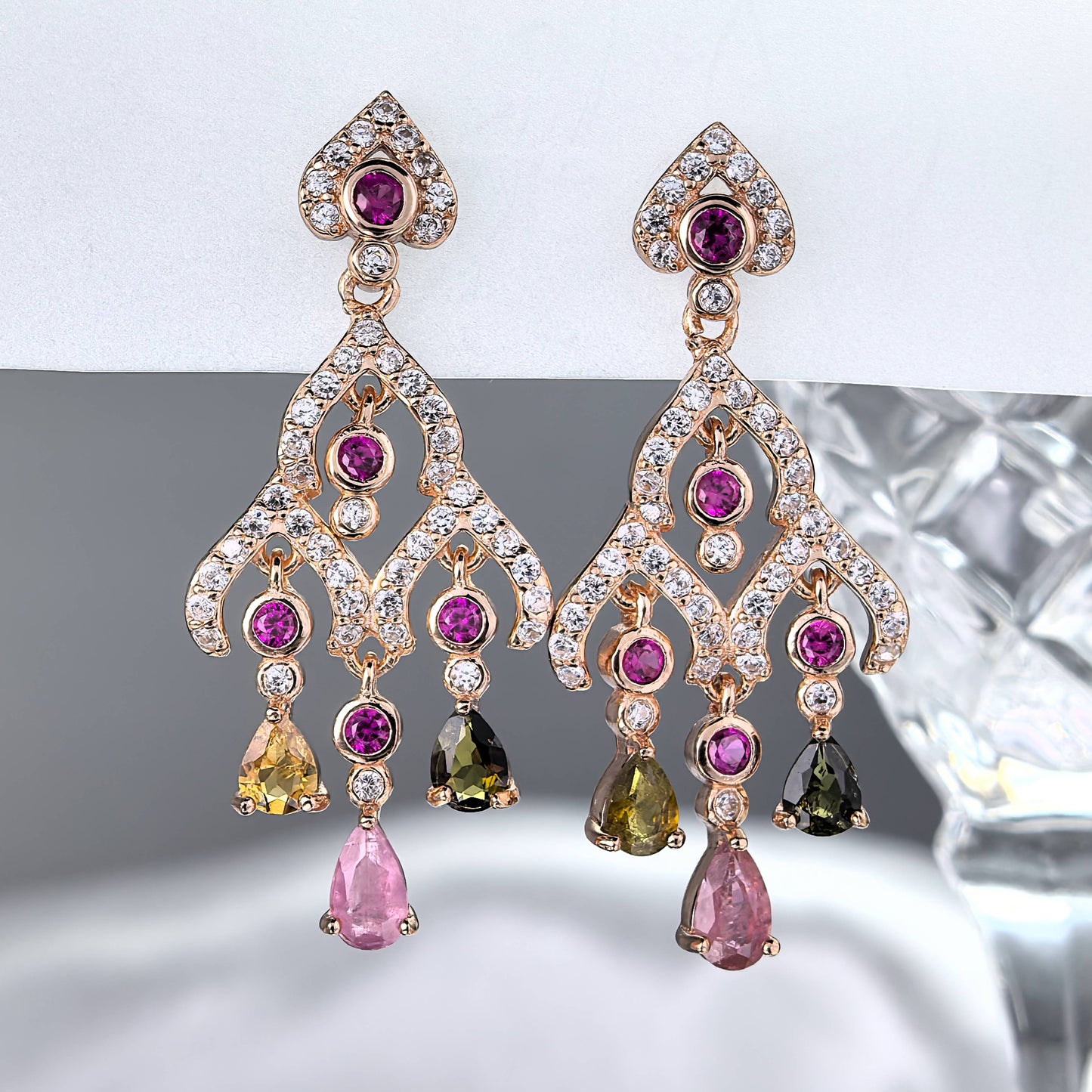 Elegant Rose Gold Plated 925 Sterling Silver Natural Tourmaline Bell Shaped Drop Earrings