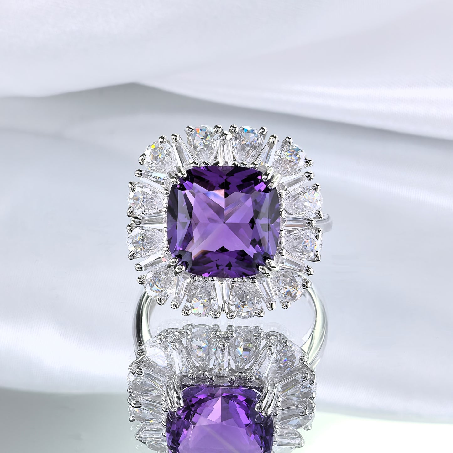 Sparkling Rhodium Plated Silver 925 Jewelry Natural Amethyst Ring
