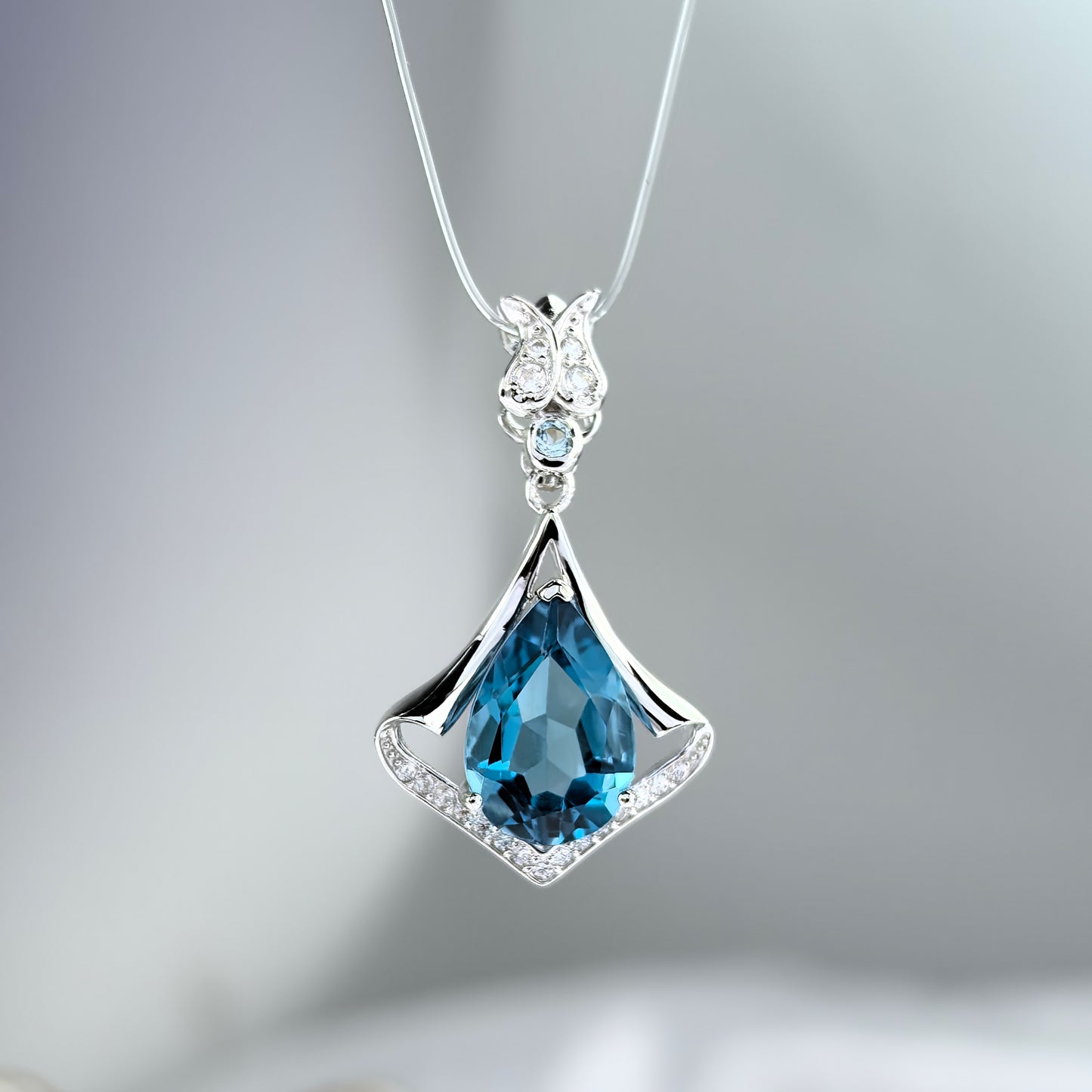 Elegant Rhodium Plated 925 Silver Jewelry Natural London Blue Topaz Pendant