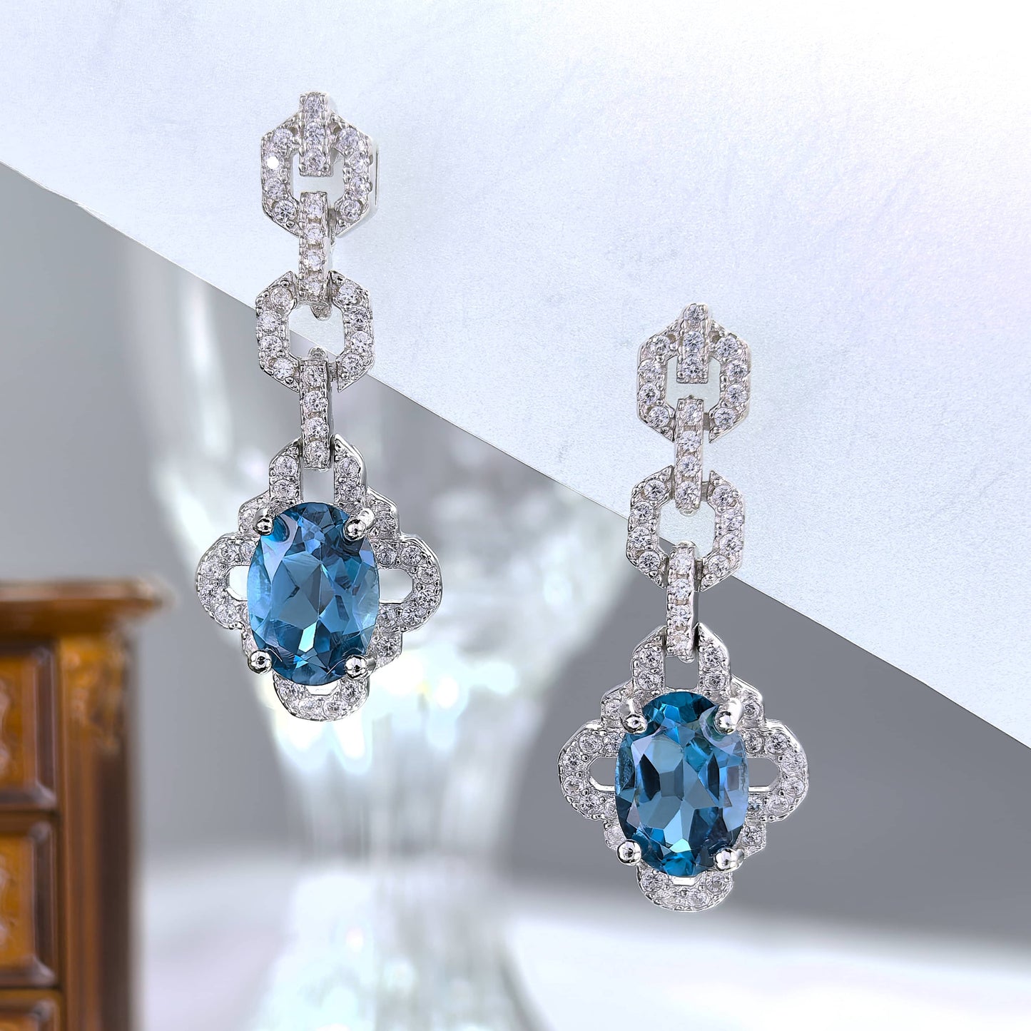 Elegant 925 Silver Rhodium Plated Geometric London Blue Topaz Drop Earrings