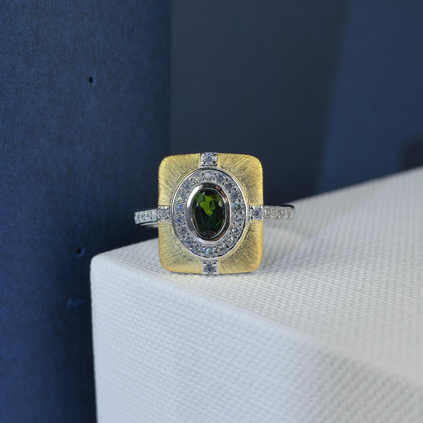 Geometric Couple Ring Oval Cut Resizable 925 Sterling Silver Diopside Ring