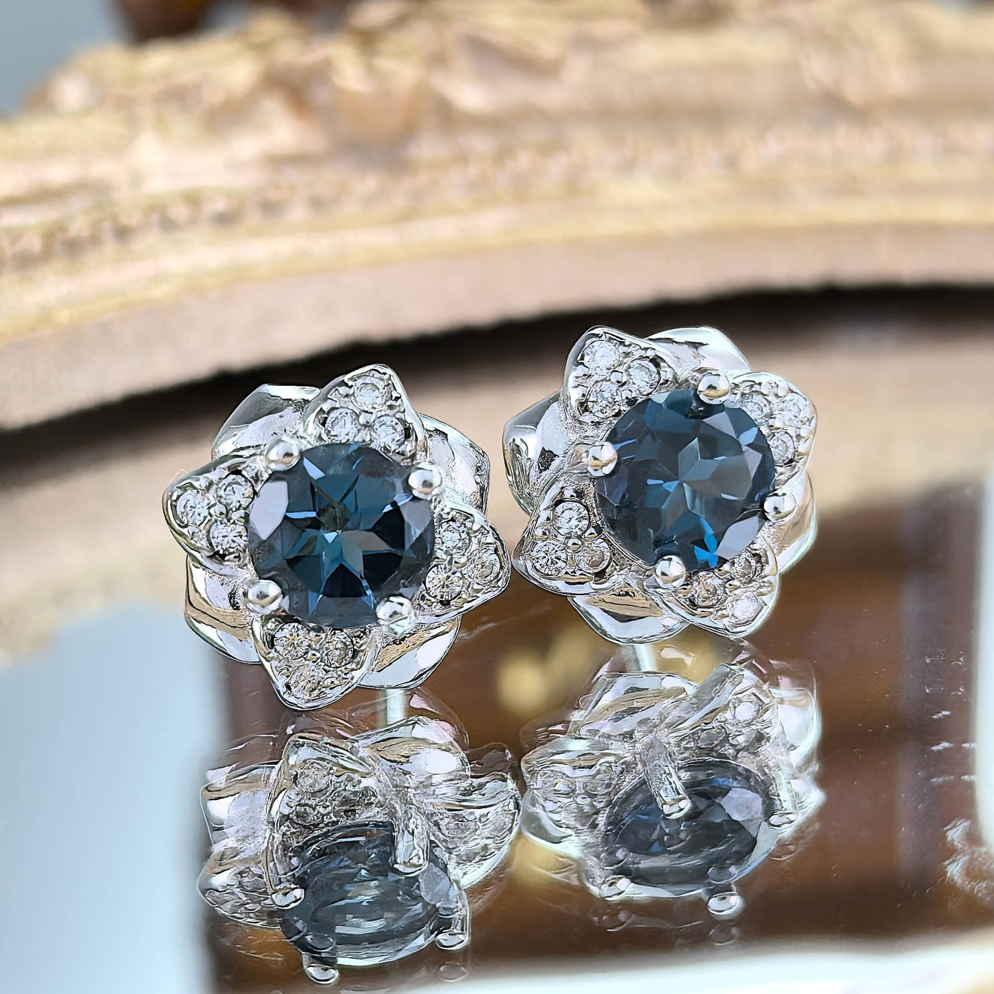 Exquisite Rhodium Plated S925 Silver  Natural London Blue Topaz Clover Stud Earrings