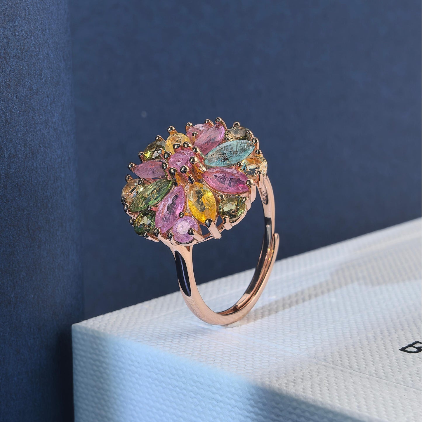 Charming Rose Gold Plated Silver 925 Jewelry Natural Tourmaline Flower Ring
