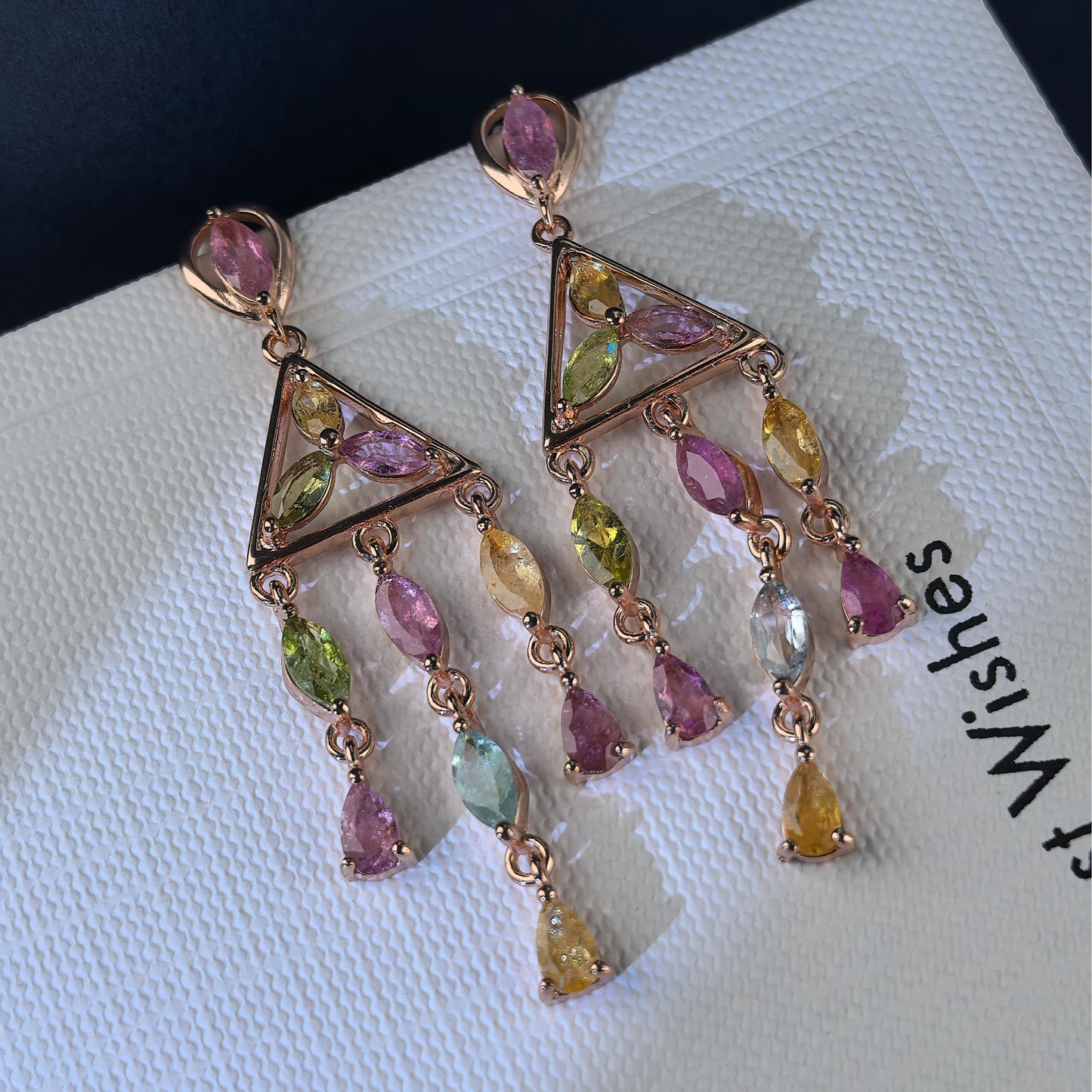 Elegant Rose Gold Plated 925 Silver Jewelry Natural Tourmaline Triangle Drop Earrings