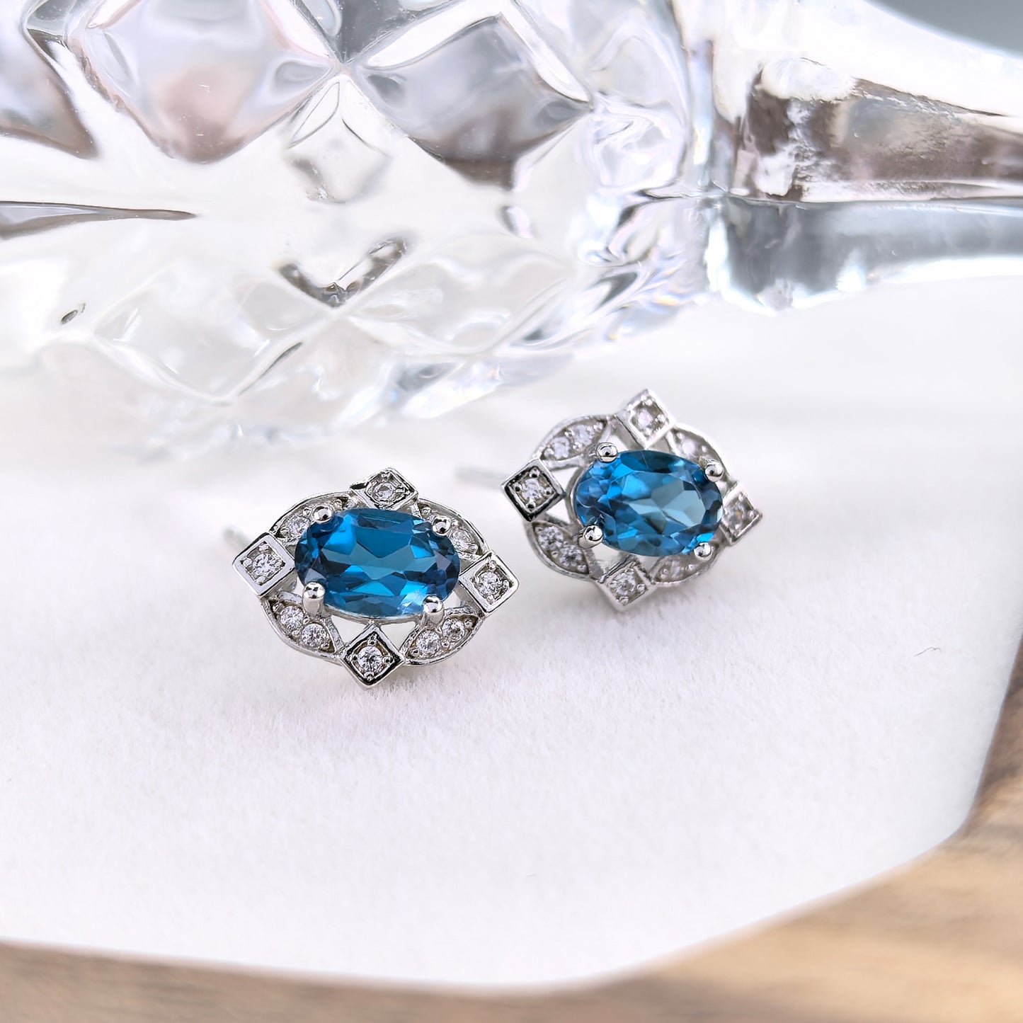 Vintage 925 Silver Jewelry Rhodium Plated London Blue Topaz Stud Earrings