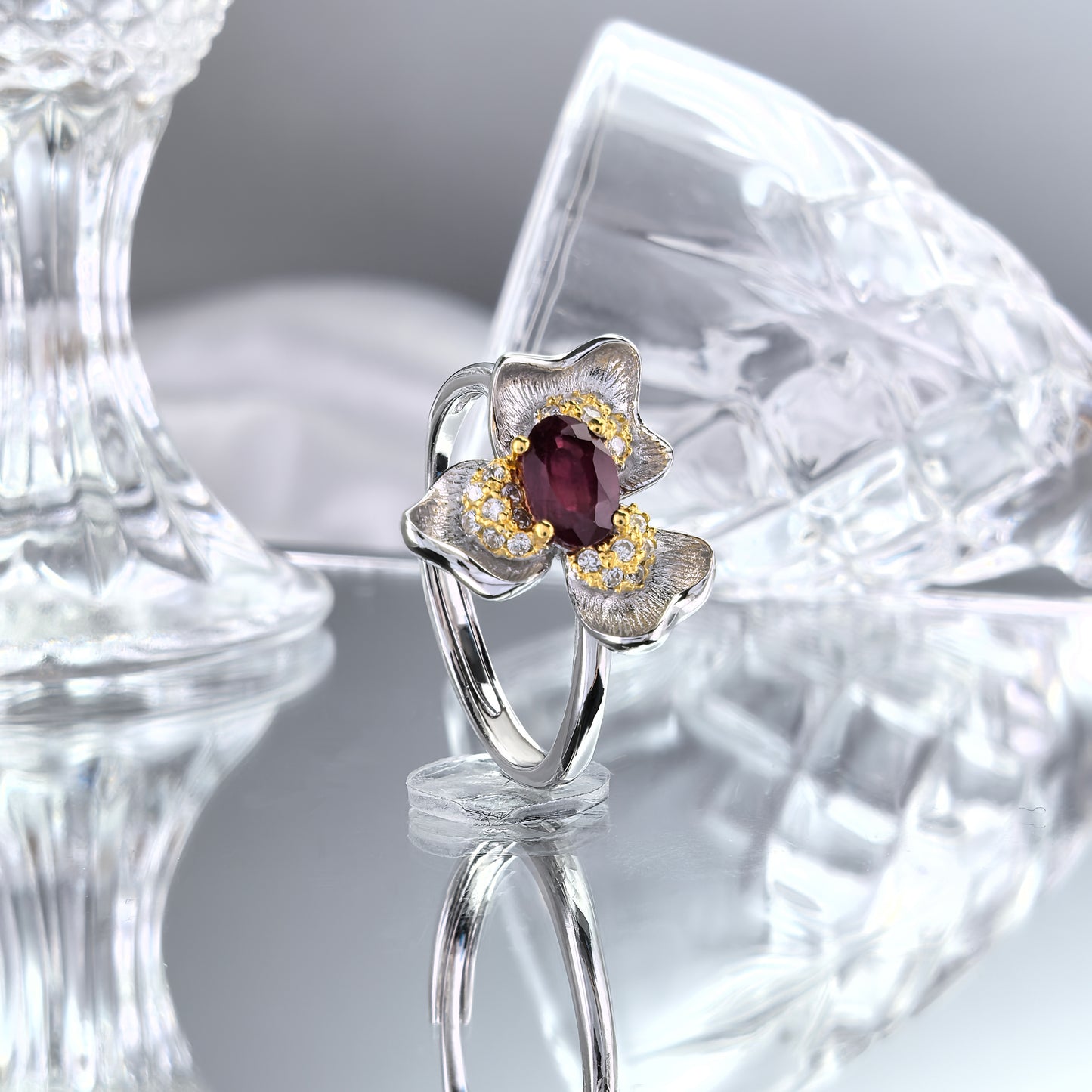 Elegant Dual Color Plated Silver 925 Jewelry Natural Ruby Flower Ring