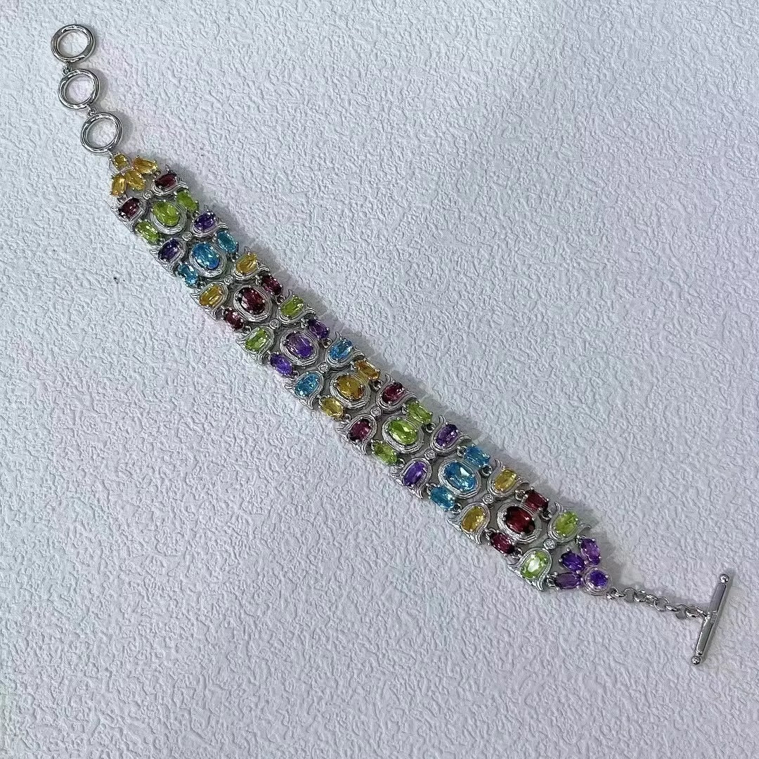 Women's Delicate Rhodium Plated Silver 925 Bracelet with Multiple Natural Gemstones Fine Jewelry for Parties and Gifts