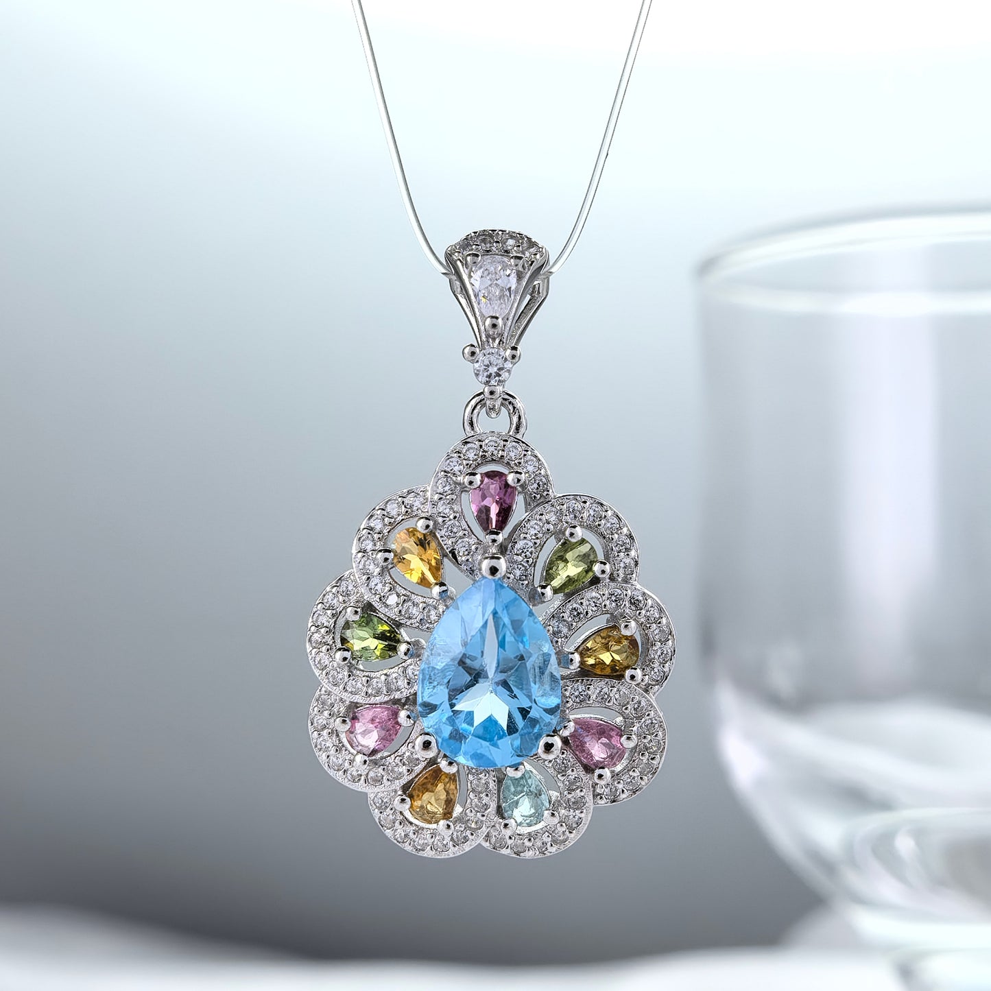 Gorgeous Rhodium Plated 925 Silver Natural Swiss Blue Topaz Pendant