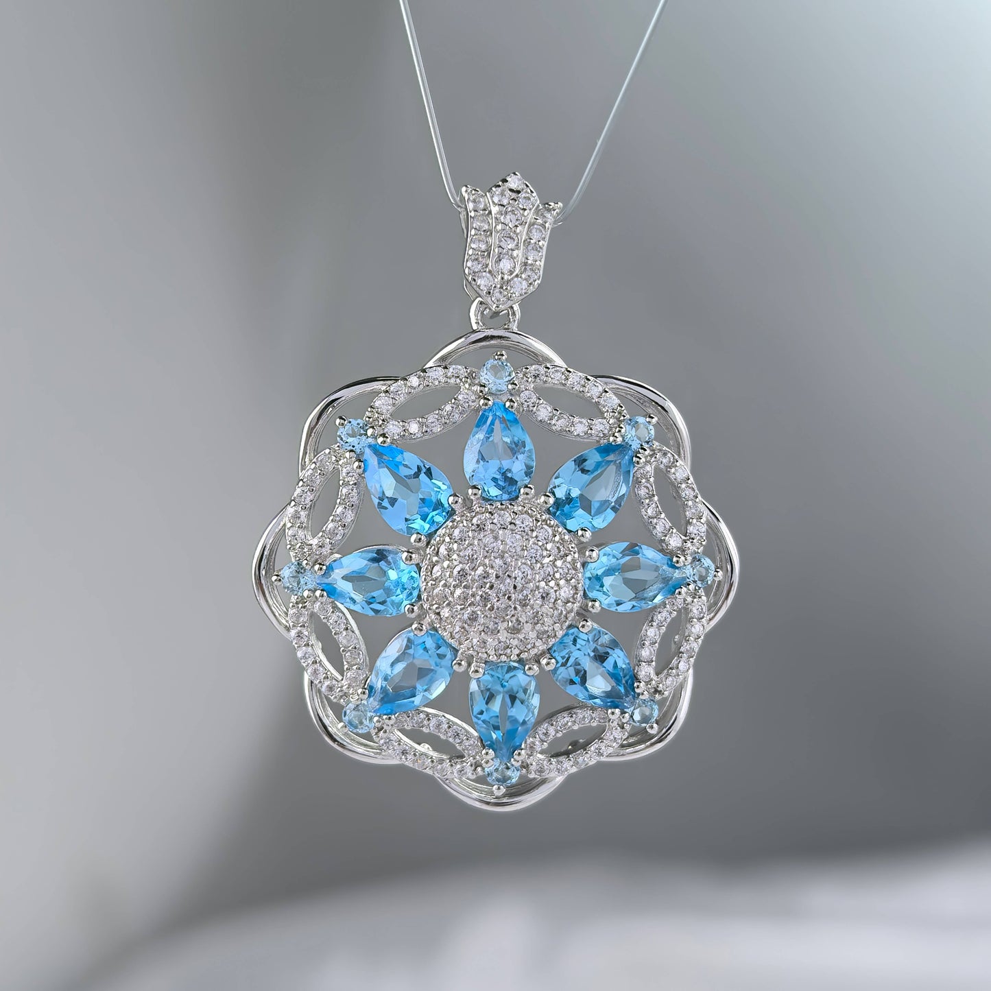 Delicate Rhodium Plated 925 Sterling Silver Natural Swiss Blue Topaz Flower Pendant