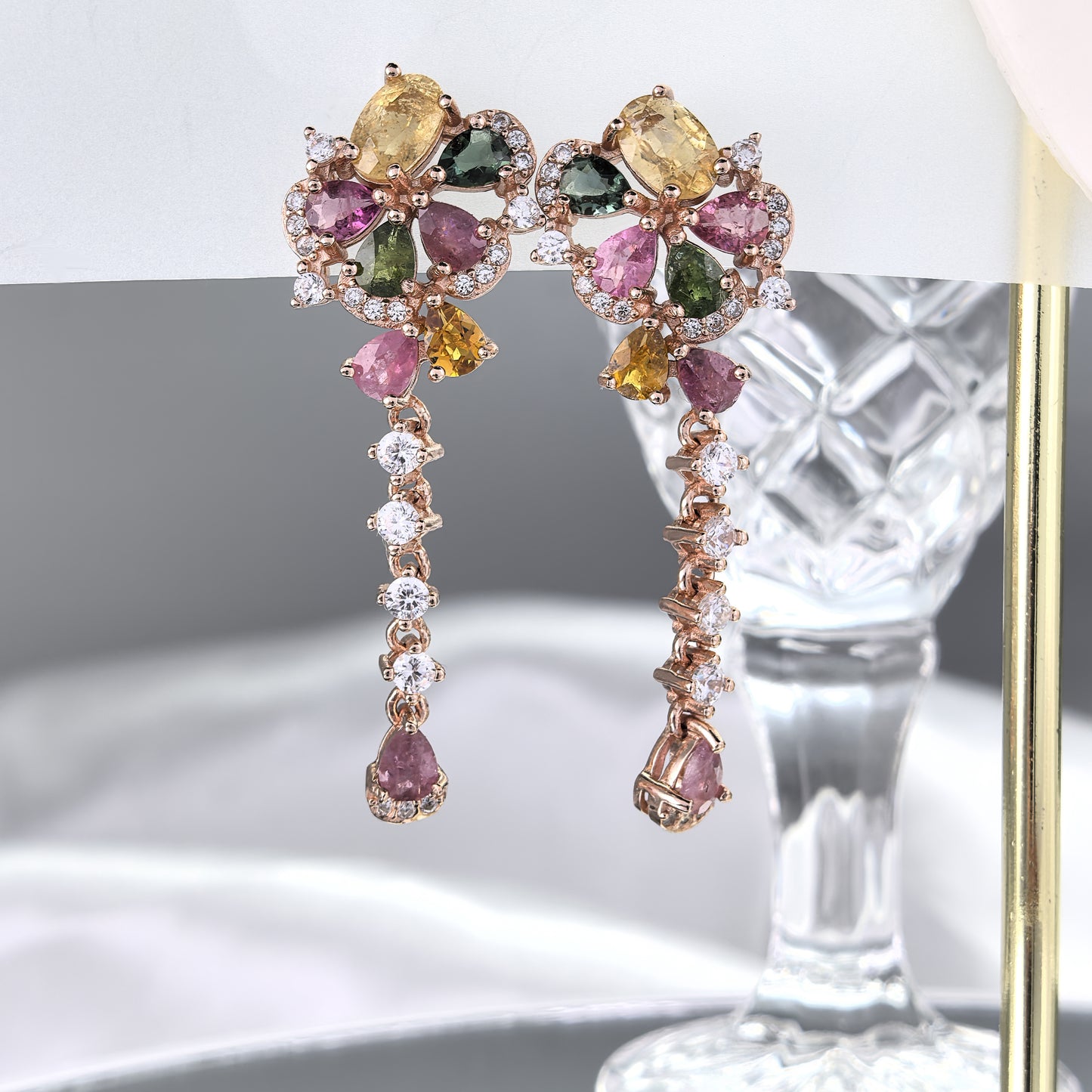 Exquisite Rose Gold Plated Silver 925 Jewelry Natural Tourmaline Flower Drop Earrings