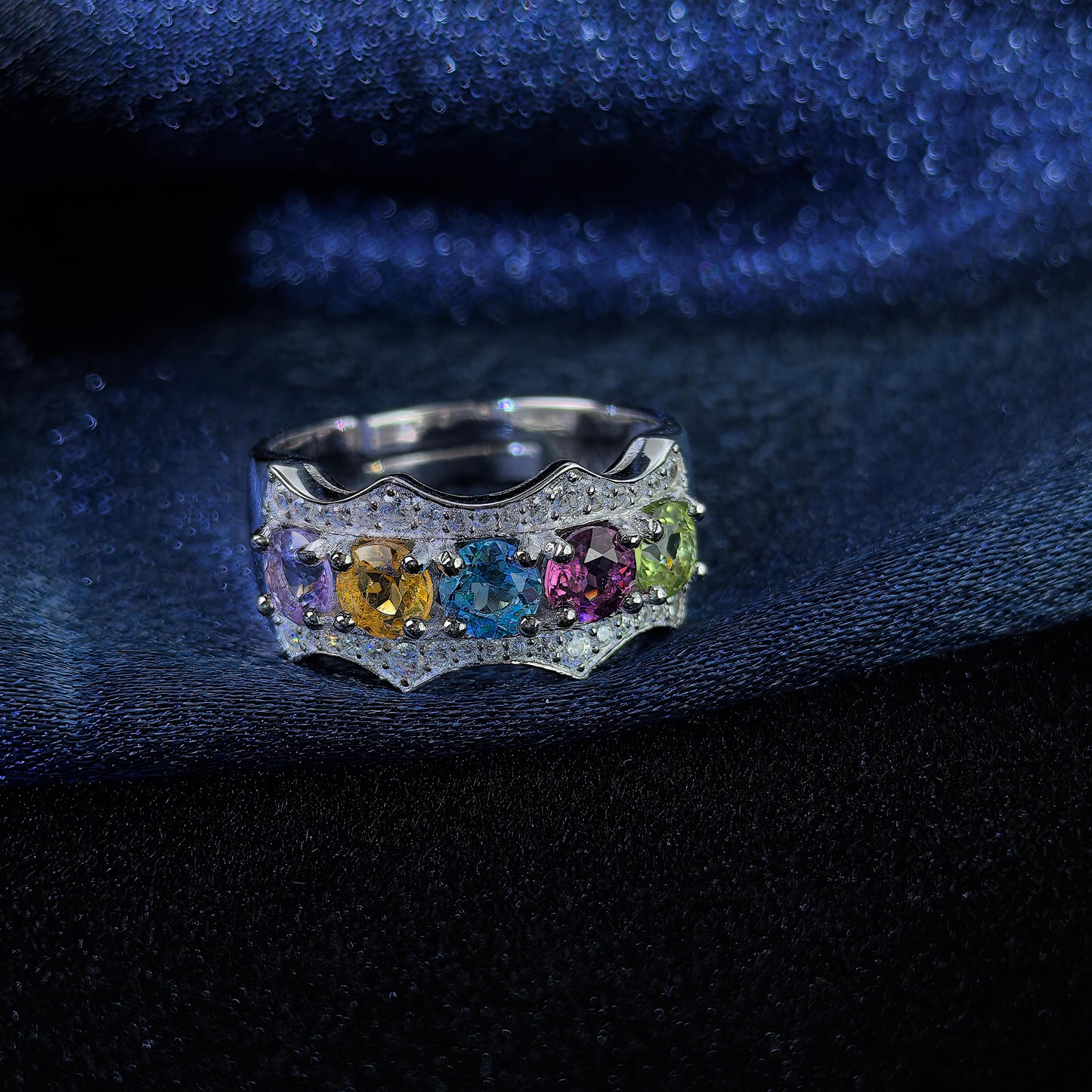 Charming Rhodium Plated 925 Silver Jewelry Multiple Natural Gemstone Ring