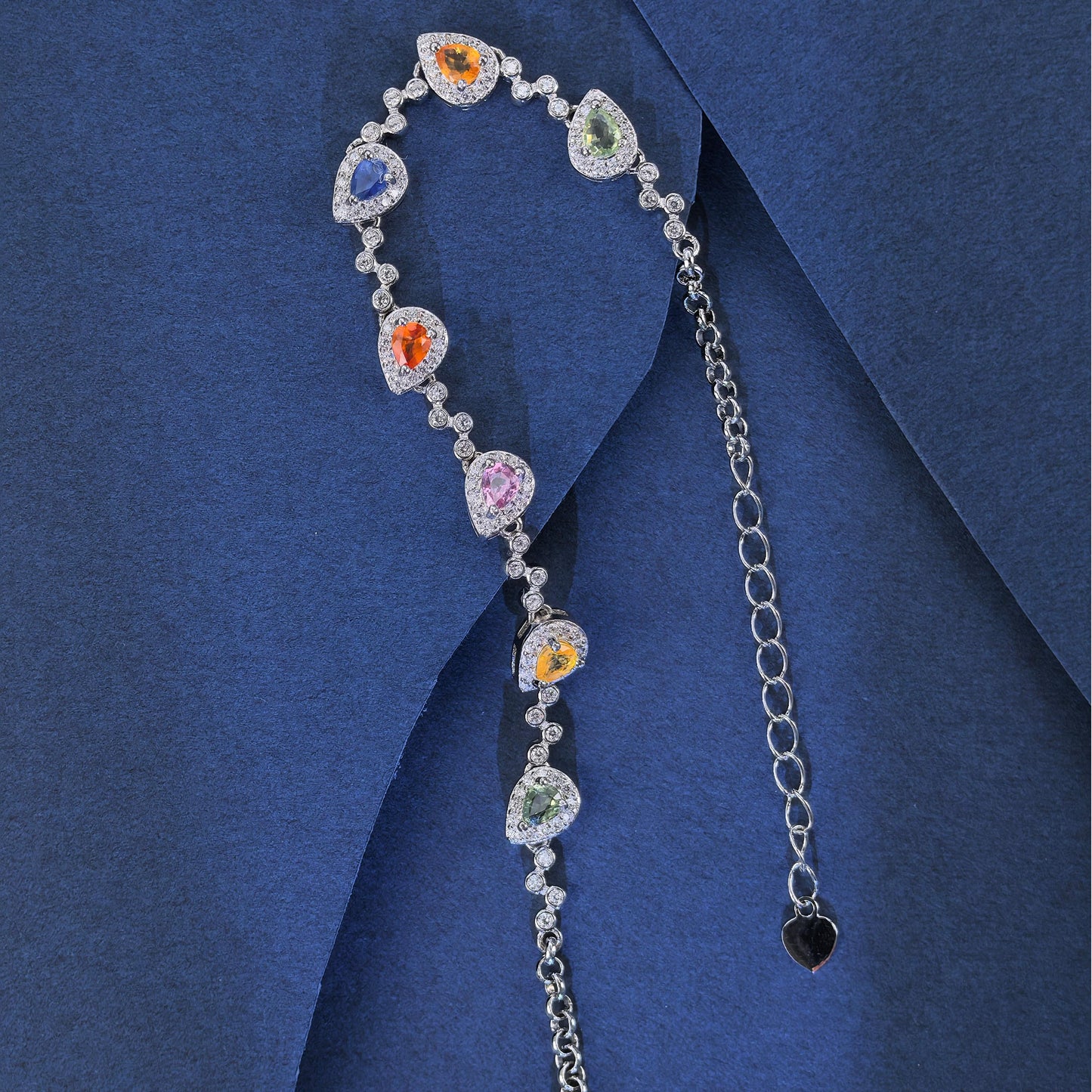 Elegant Rhodium Plated Silver 925 Jewelry Natural Rainbow Sapphire Bracelet