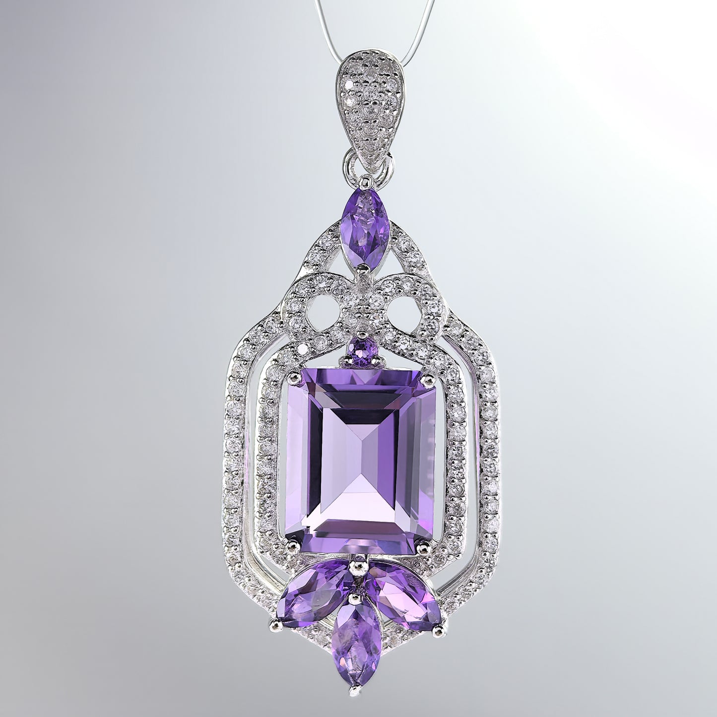 Delicate Rhodium Plated 925 Silver Pendant with Emerald Cut Natural Amethyst