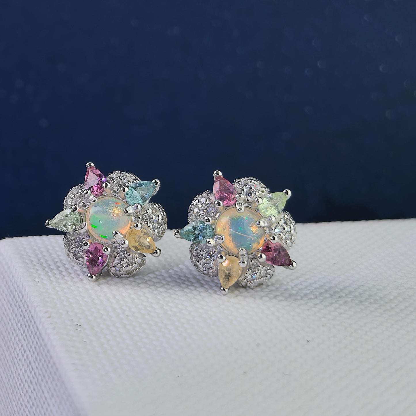 Elegant Rhodium Plated 925 Silver Jewelry Natural Opal Flower Stud Earrings