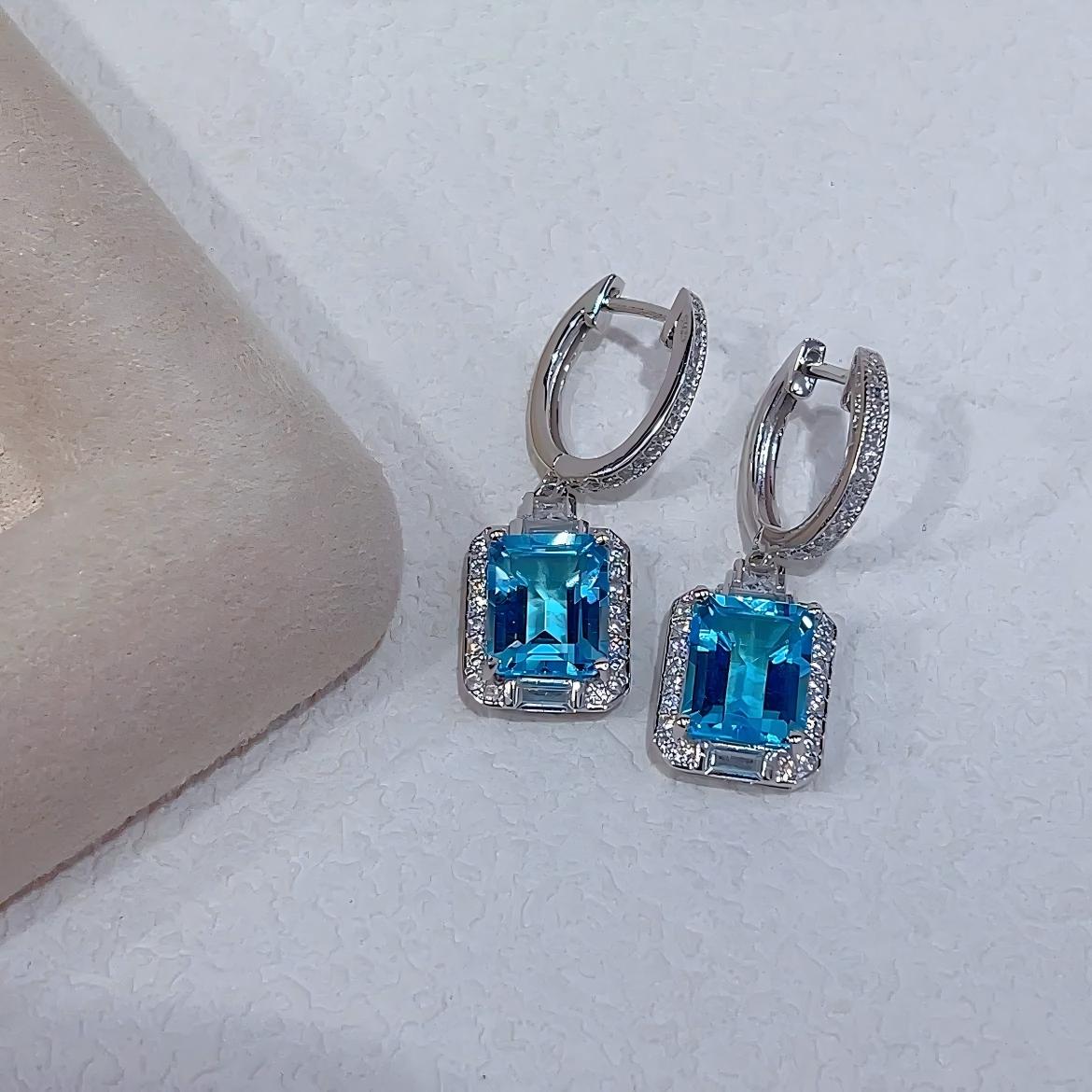 Dazzling Rhodium Plated 925 Silver Jewelry Natural Sky Blue Topaz Drop Earrings