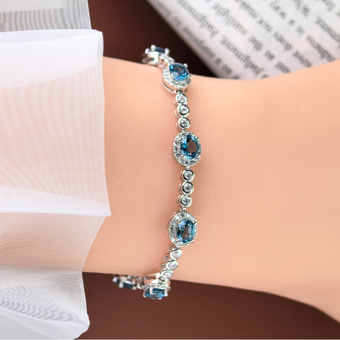 Dazzling Rhodium Plated Silver 925 Jewelry Natural London Blue Topaz Bracelet