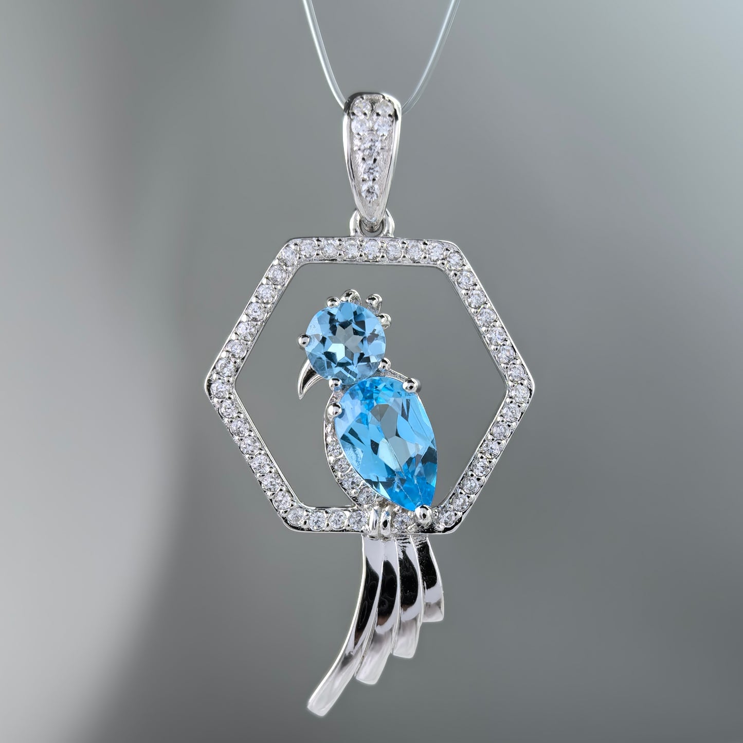Unique Rhodium Plated 925 Sterling Silver for Swiss Blue Topaz Bird Pendant