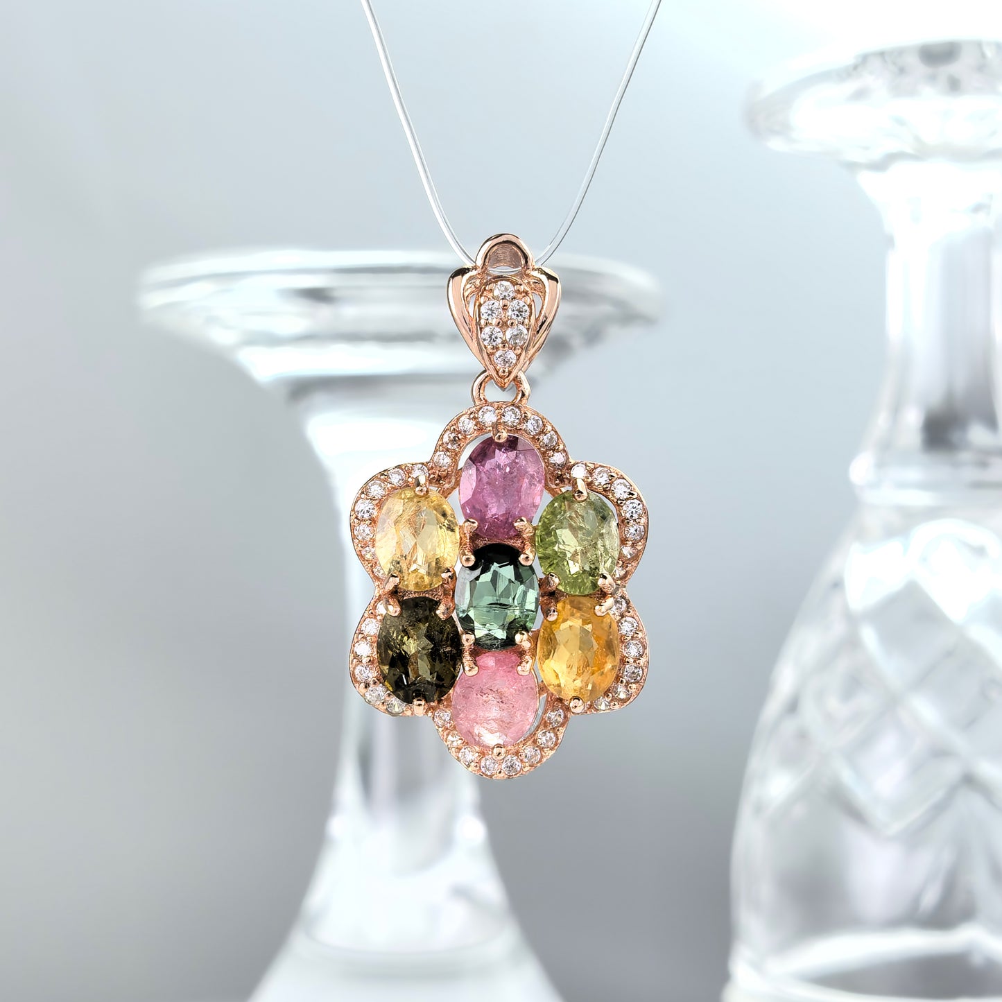 Elegant Rose Gold Plated 925 Sterling Silver Natural Tourmaline Flower Pendant