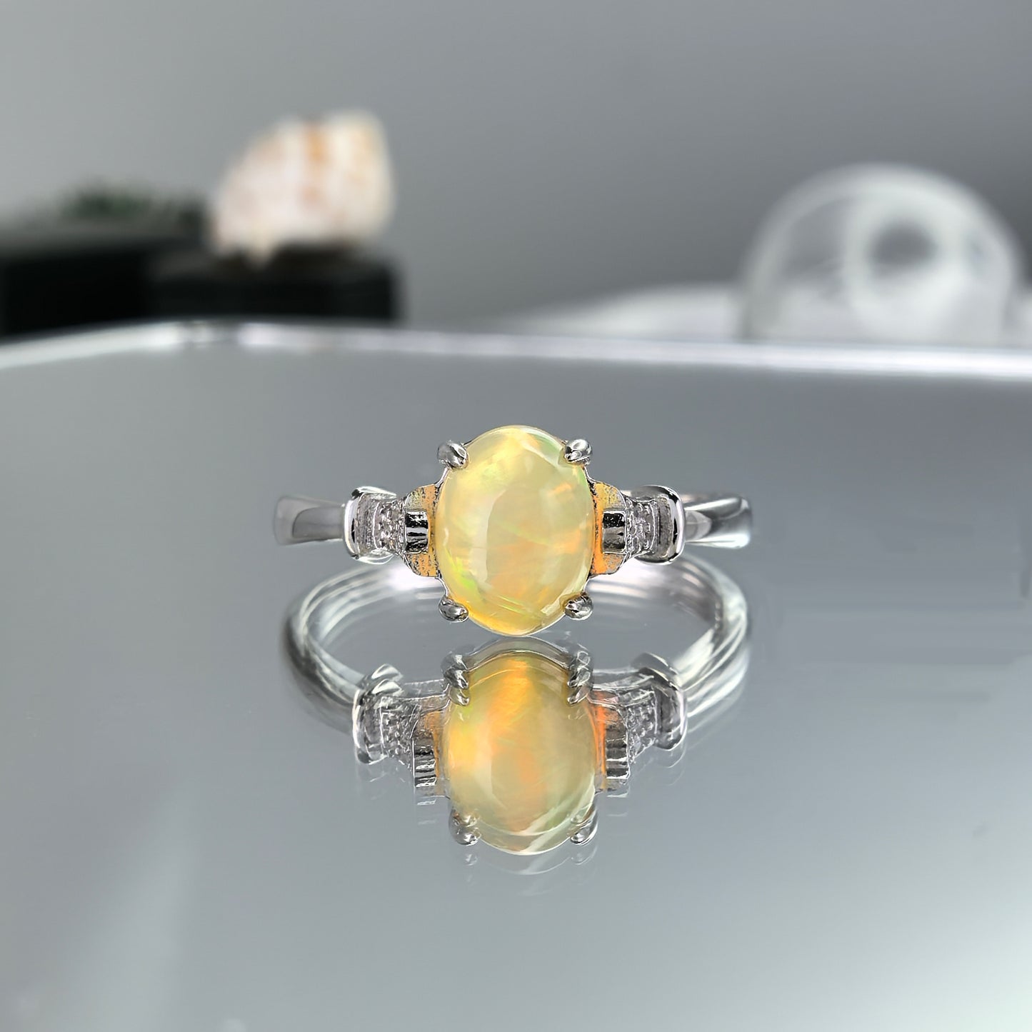 Gorgeous Rhodium Plated 925 Silver Natural Opal Ring Oval Cut Gemstone Jewelry