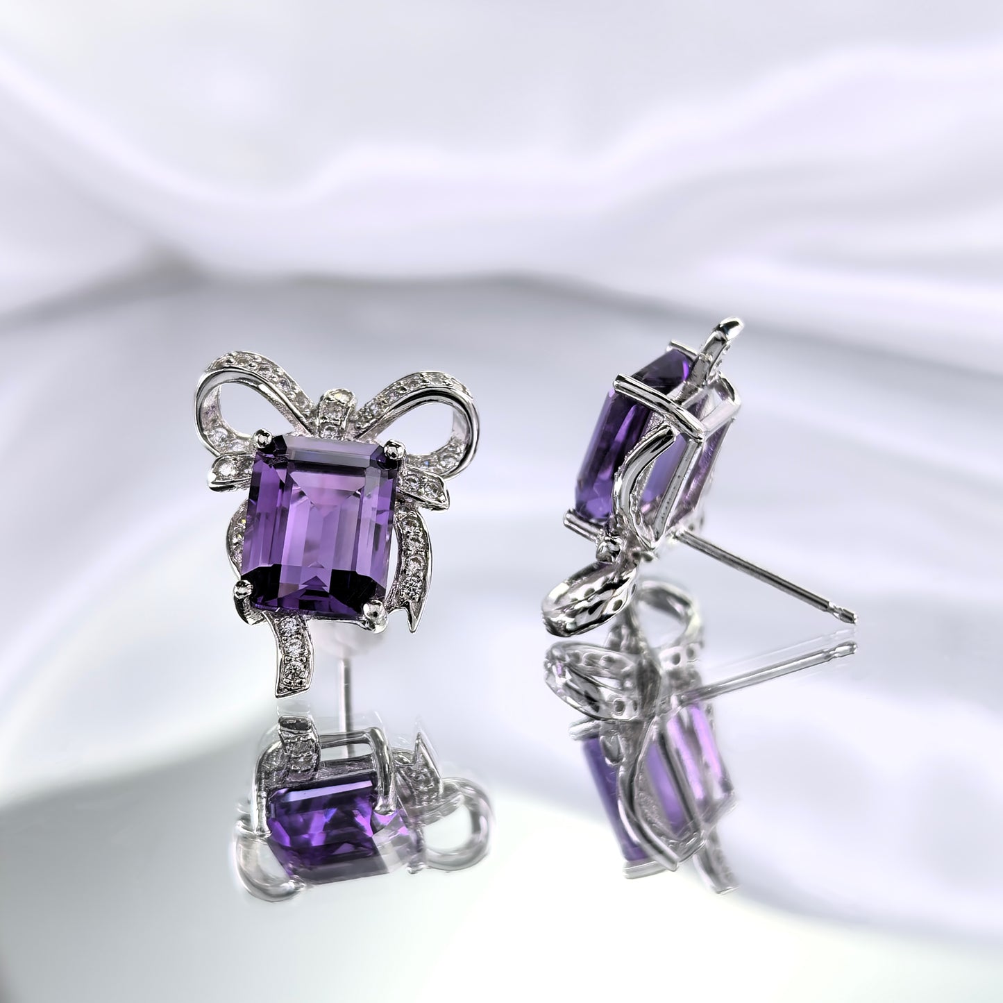 Romantic Rhodium-Plated 925 Sterling Silver Natural Amethyst Bow Stud Earrings