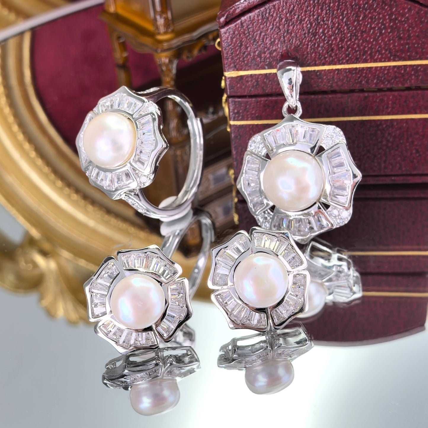 Delicate Rhodium Plated 925 Sterling Silver Freshwater Pearl Jewelry Set