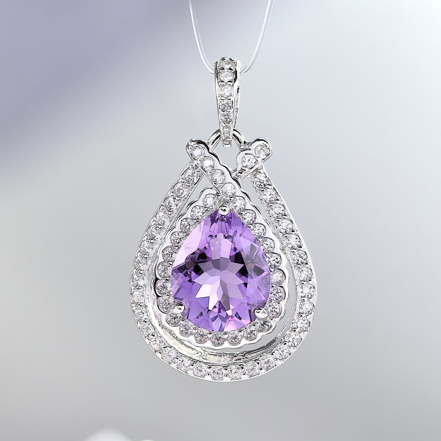 925 Silver Refined Rhodium Plated Pendant with Natural Amethyst