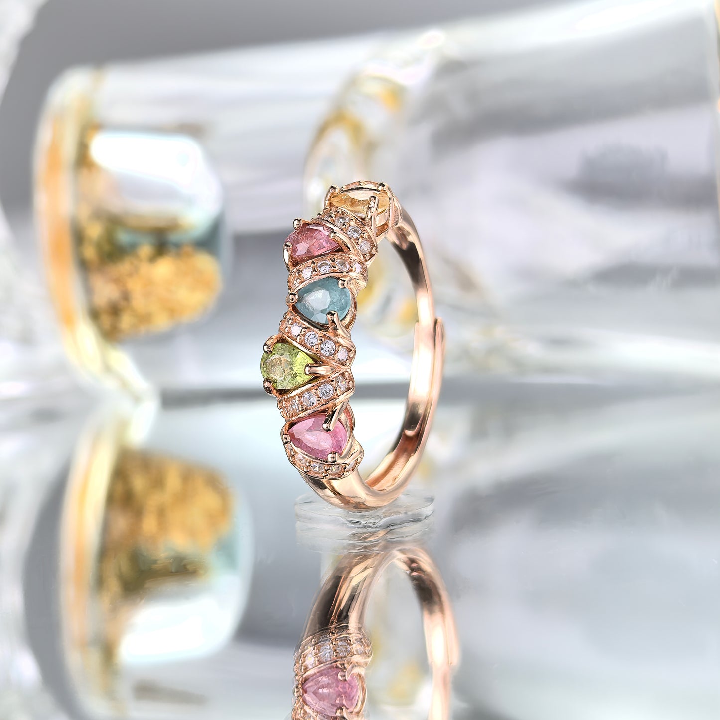 Charming Rose Gold Plated Plata 925 Natural Tourmaline Ring
