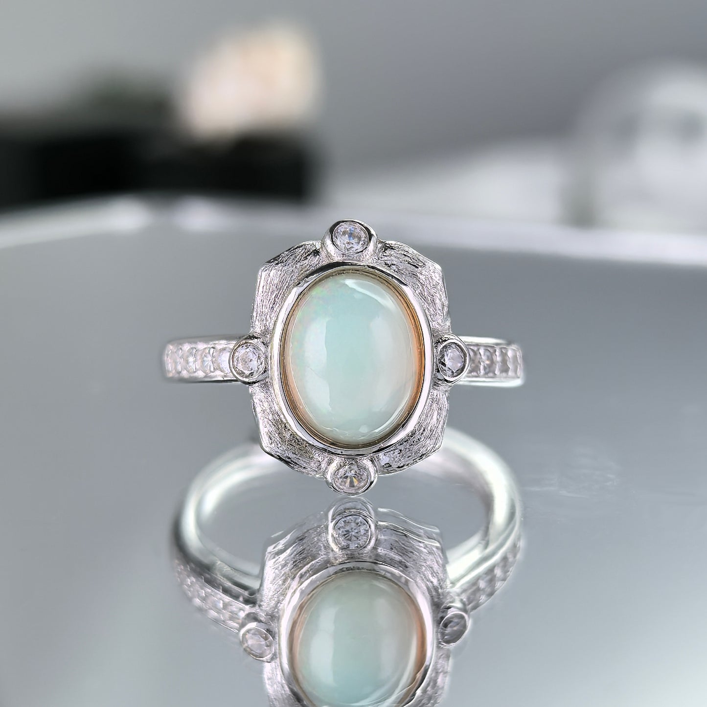 Unique Rhodium Plated Silver 925 Trendy Oval Cut Natural Opal Gemstone Ring