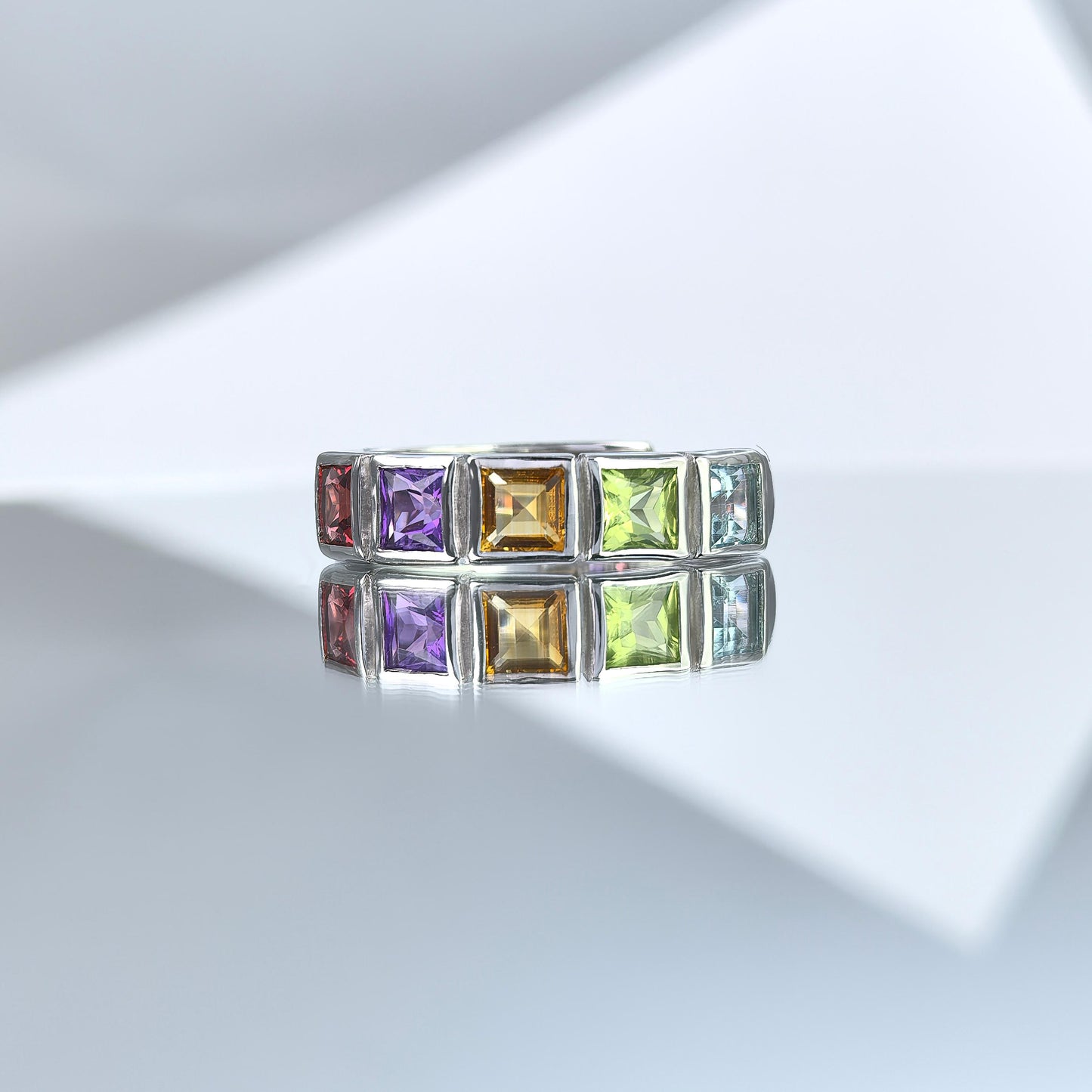 Exquisite Rhodium Plated 925 Silver Jewelry Multiple Natural Gemstone Ring