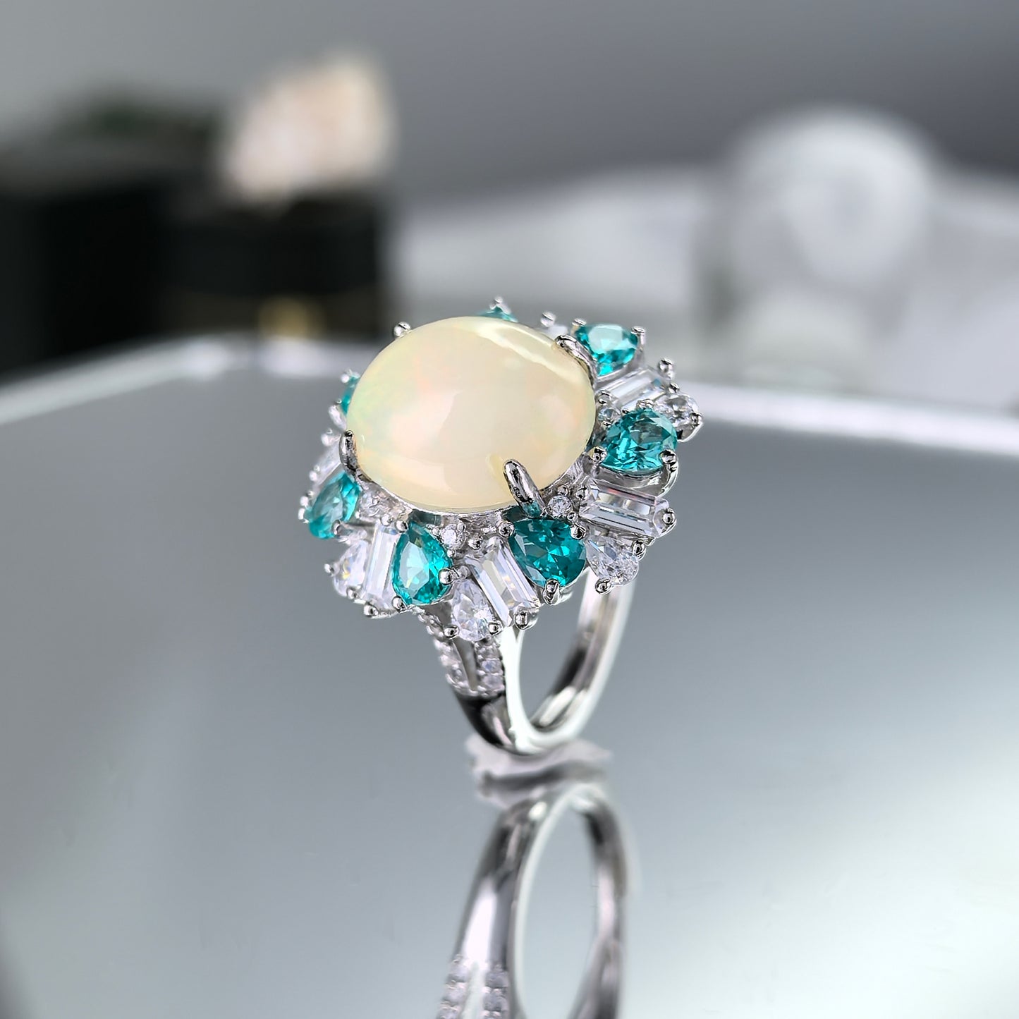 Dazzling Rhodium Plated Silver 925 Jewelry Natural Opal Ring