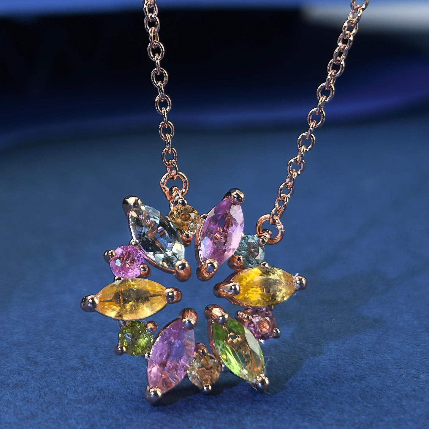Charming Rose Gold Plated Silver 925 Jewelry Natural Tourmaline Flower Necklace