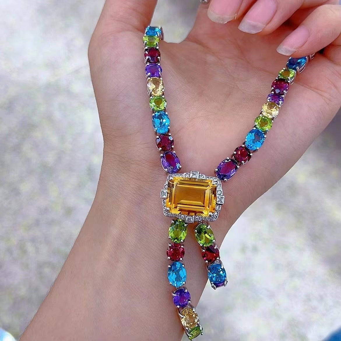 Luxurious Rhodium Plated Silver 925 Jewelry Multiple Natural Gemstone Necklace