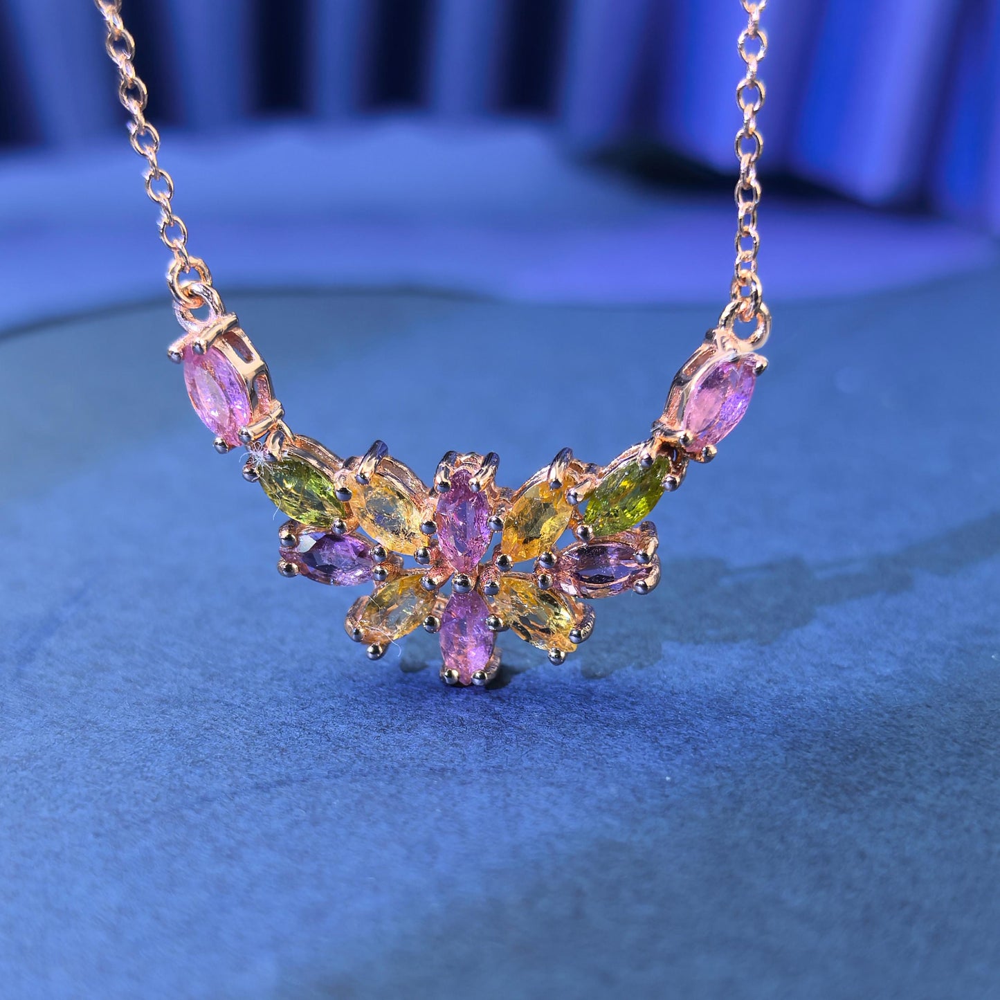 Delicate Rose Gold Plated Silver 925 Jewelry Natural Tourmaline Flower Necklace