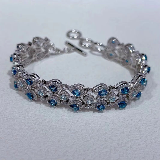 Luxurious Rhodium Plated Silver 925 Jewelry Natural London Blue Topaz Bracelet