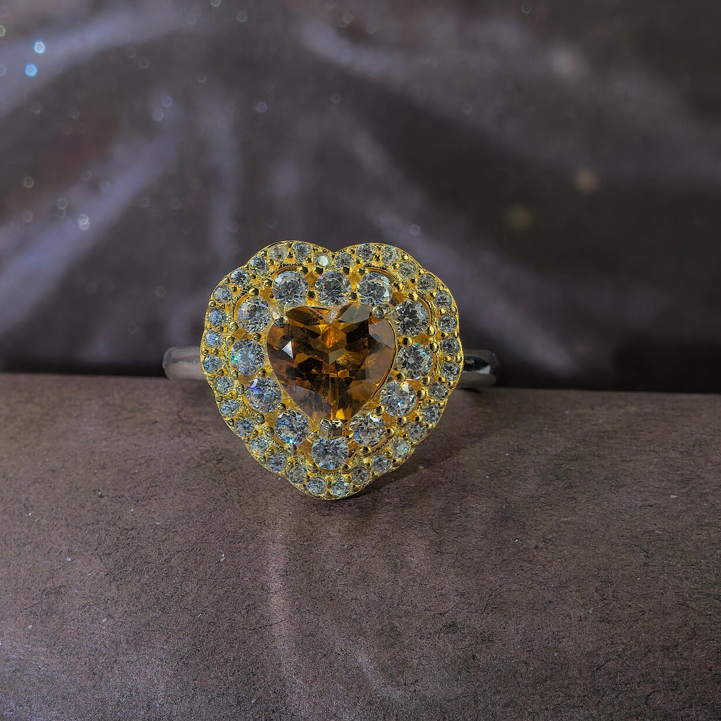 Dazzling Rhodium and Gold Plated Silver 925 Jewelry Natural Citrine Heart Ring