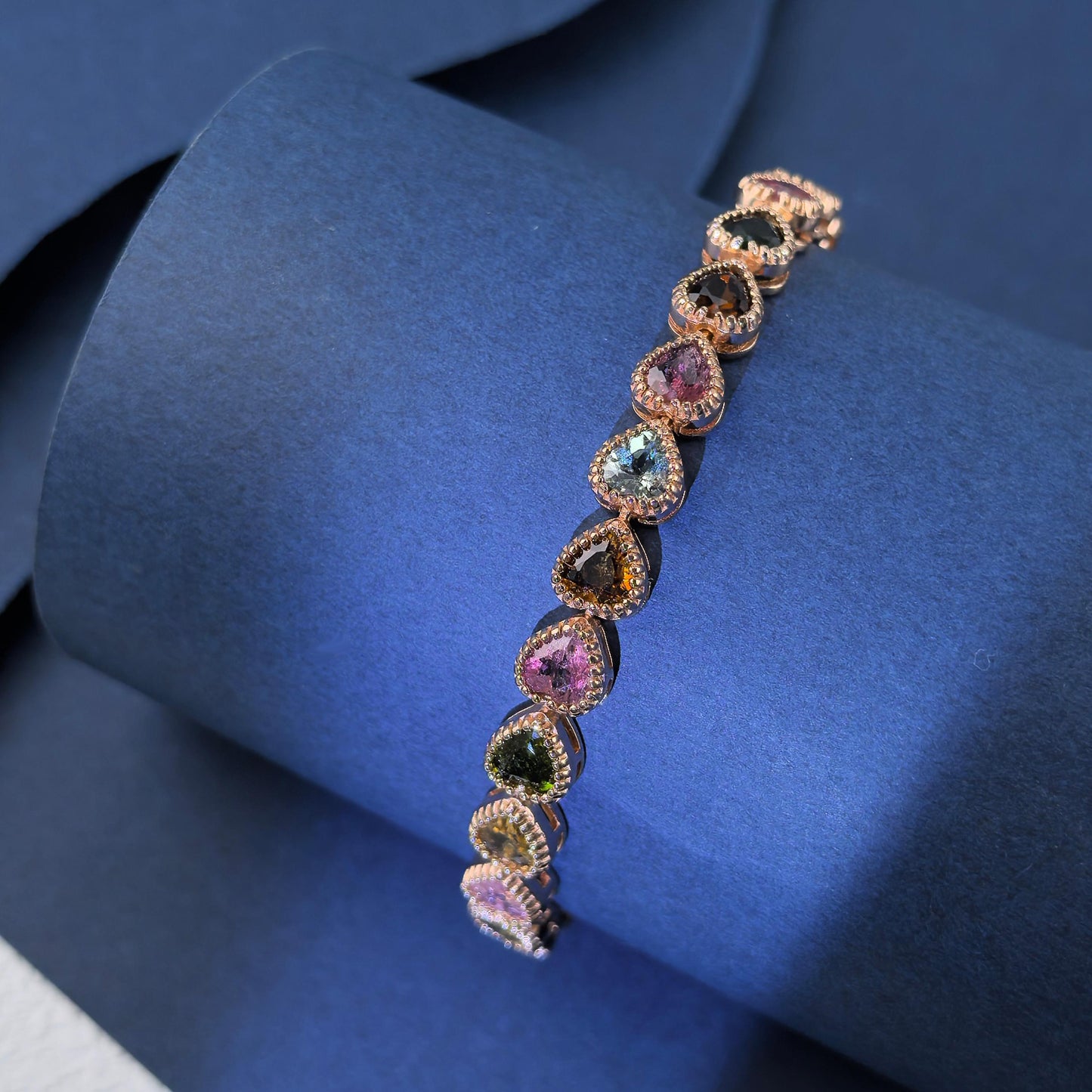 Charming Rose Gold Plated Silver 925 Jewelry Natural Tourmaline Heart Bracelet