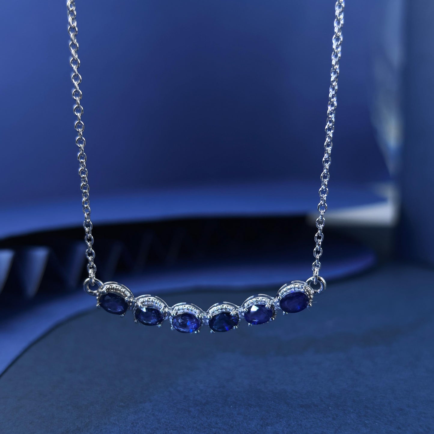 Elegant Rhodium Plated Silver 925 Jewelry Natural Sapphire Necklace