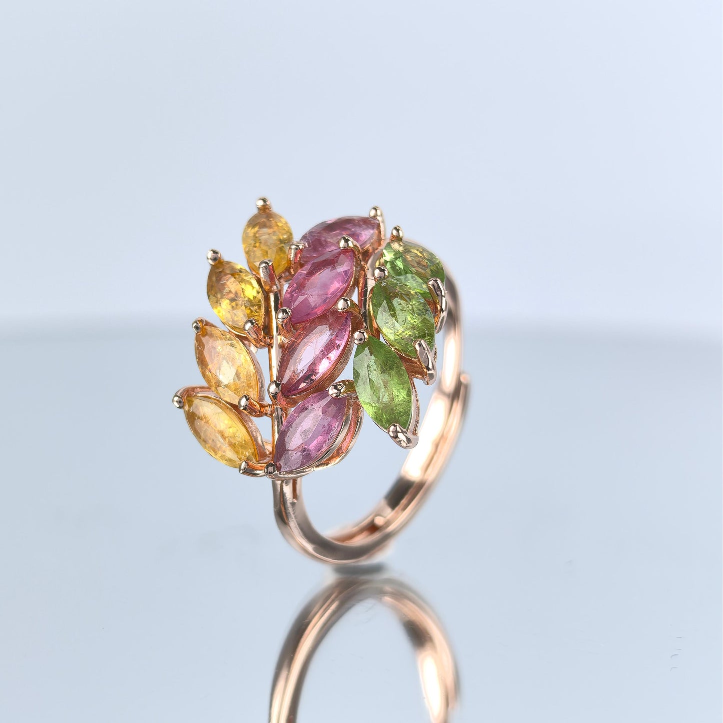 Elegant Rose Gold Plated Silver 925 Jewelry Natural Tourmaline Leaf Ring