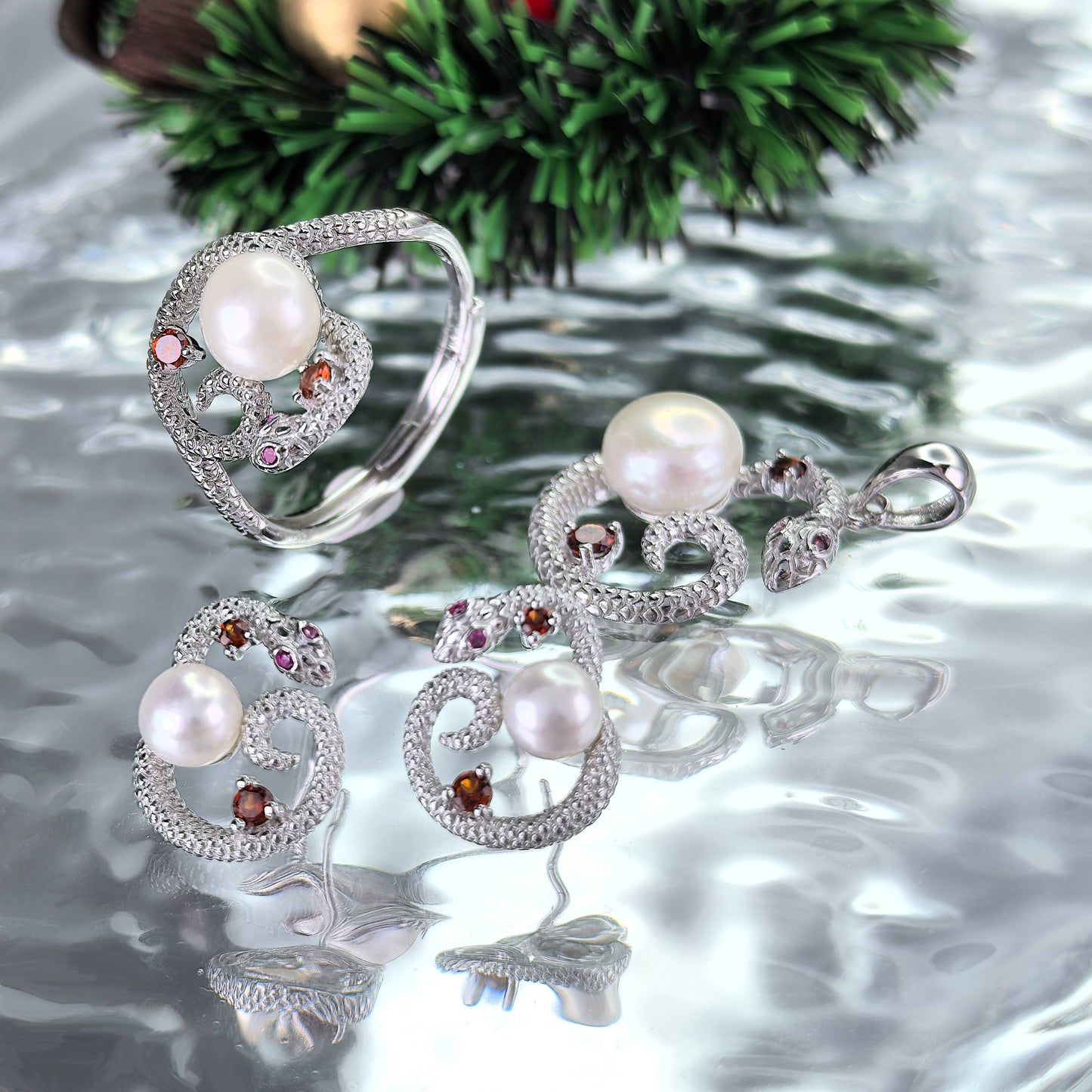 Dazzling Rhodium Plated 925 Sterling Silver Freshwater Pearl Snake Jewelry Set