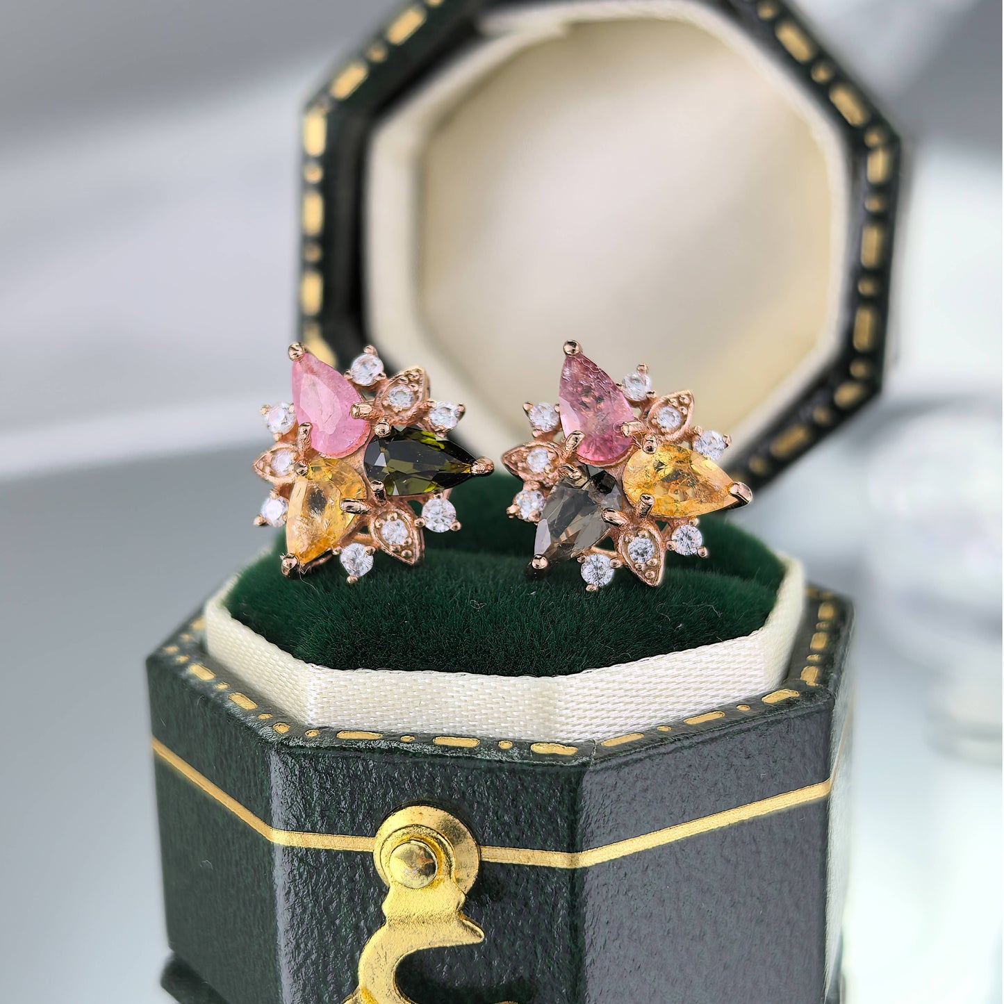 Rose Gold Plated Silver 925 Jewelry Natural Tourmaline Flower Stud Earrings