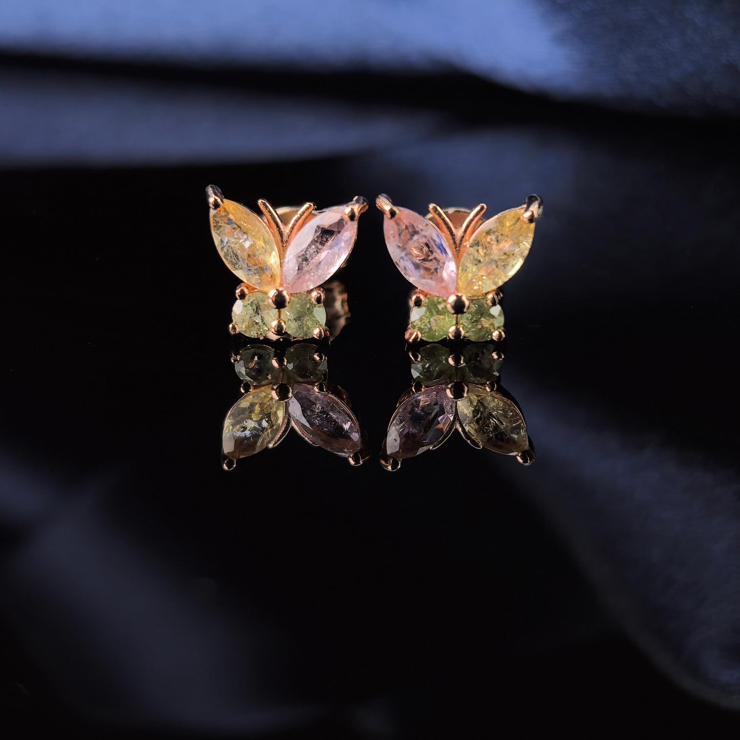 Exquisite Rose Gold Plated 925 Silver Jewelry Natural Tourmaline Butterfly Stud Earrings