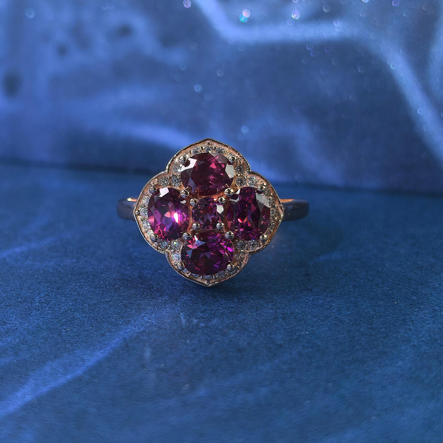 Elegant Rose Gold Plated Silver 925 Jewelry Natural Pyrope Four Leaf Clover Ring