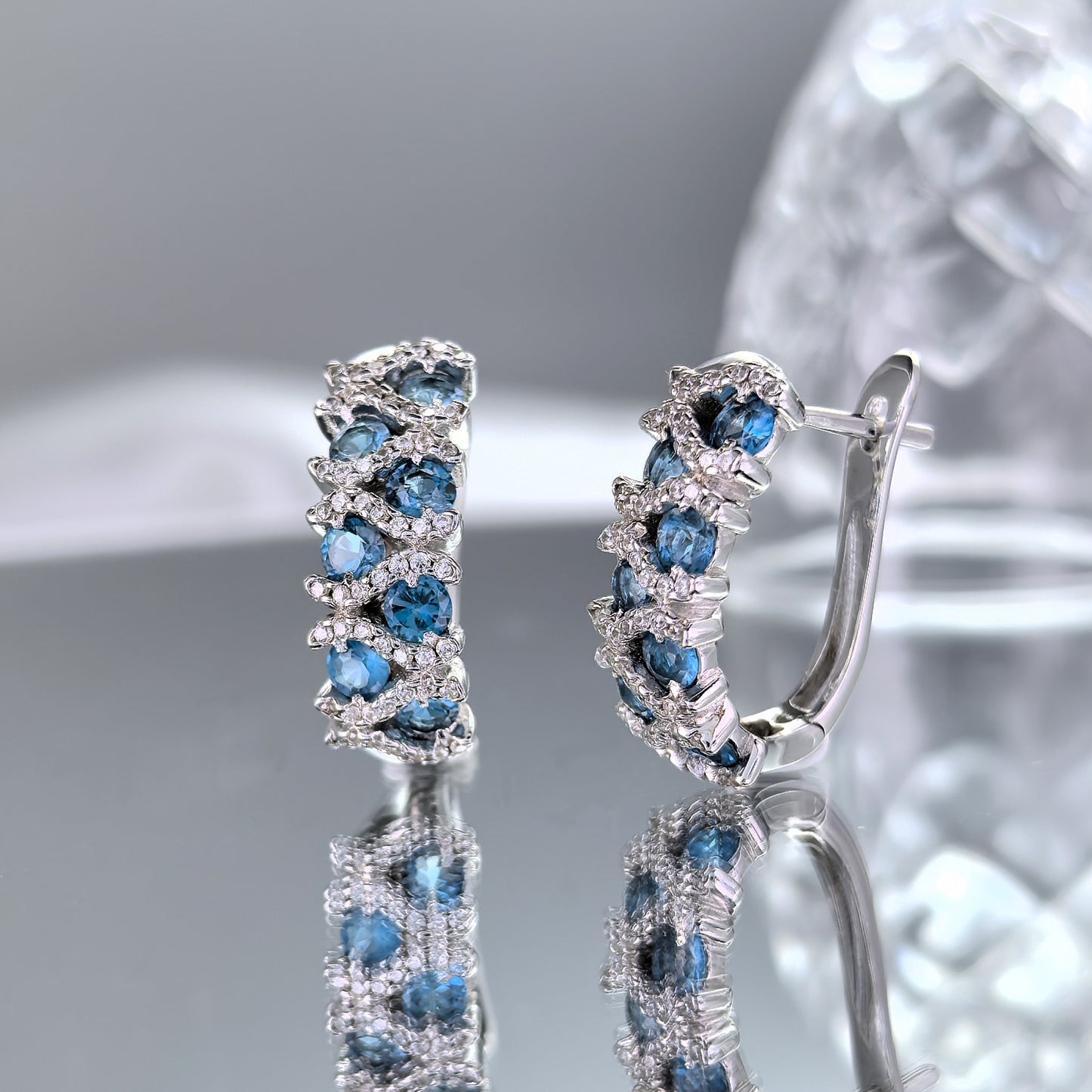 Elegant Rhodium Plated Silver 925 Jewelry Natural London Blue Topaz Hoop Earrings