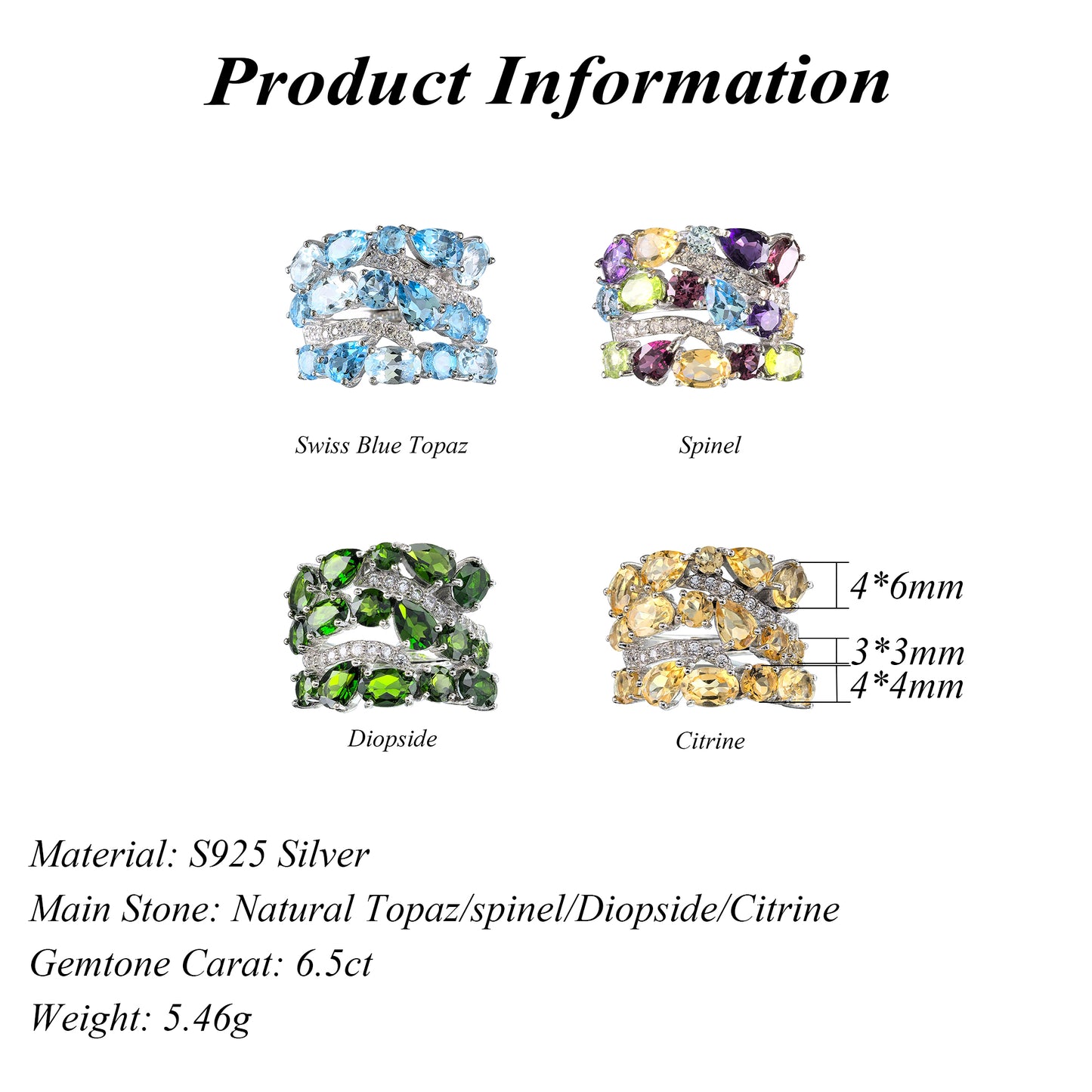 Rhodium Plated 925 Sterling Silver Natural Swiss Blue Topaz/Spinel/Diopside/Citrine Ring
