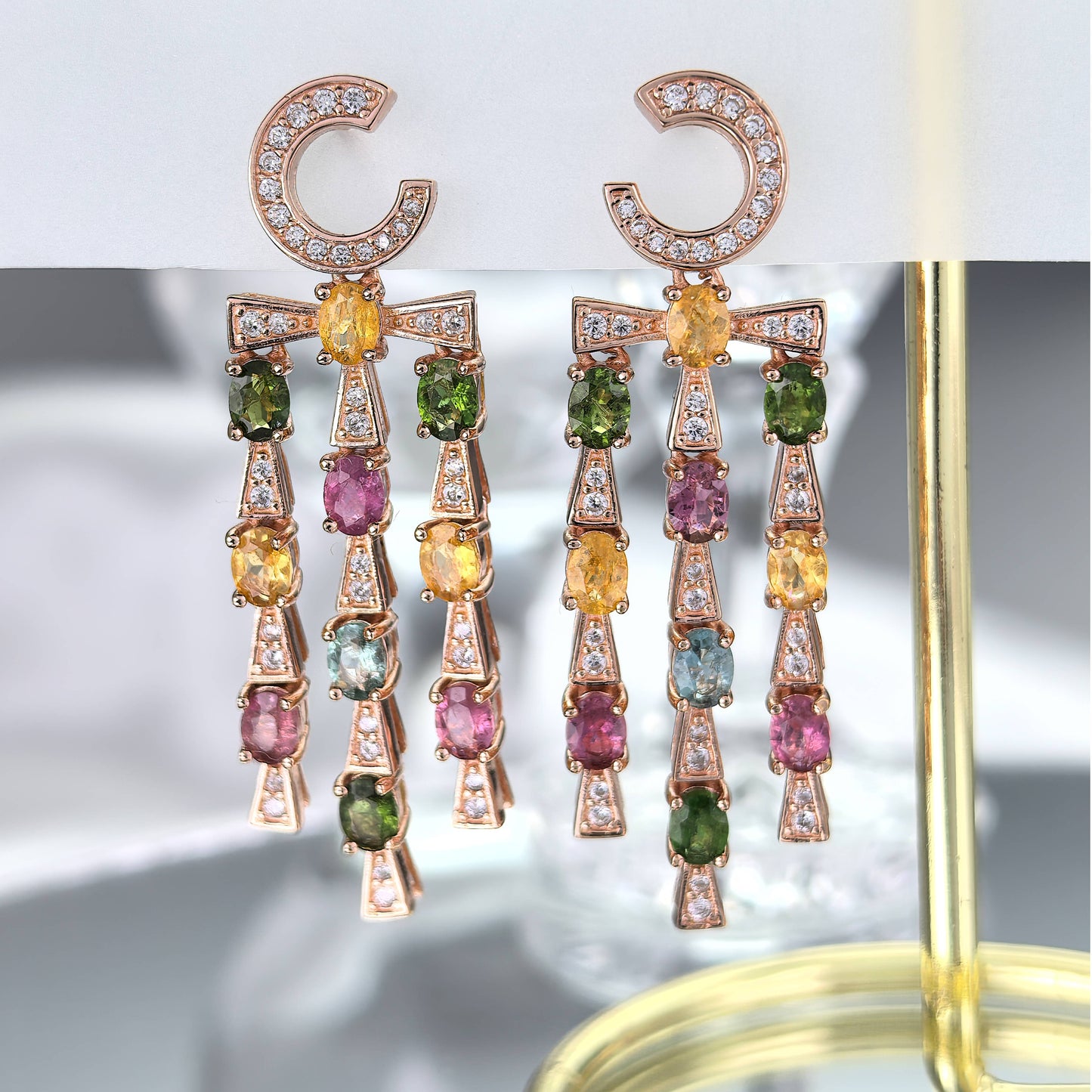 Unique C Shaped Rose Gold Plated 925 Sterling Silver Natural Tourmaline Drop Earrings