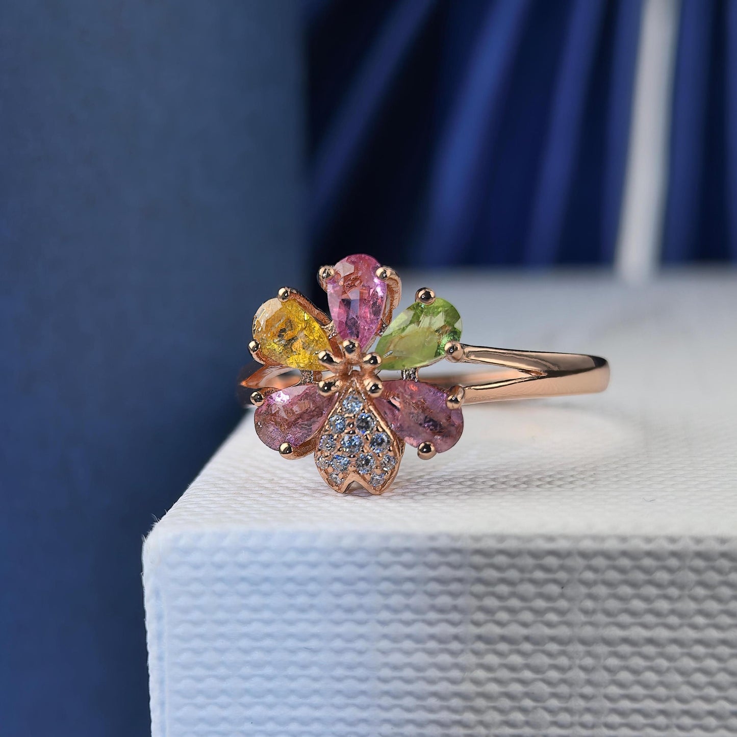 Exquisite Rose Gold Plated 925 Silver Jewelry Natural Tourmaline Flower Ring
