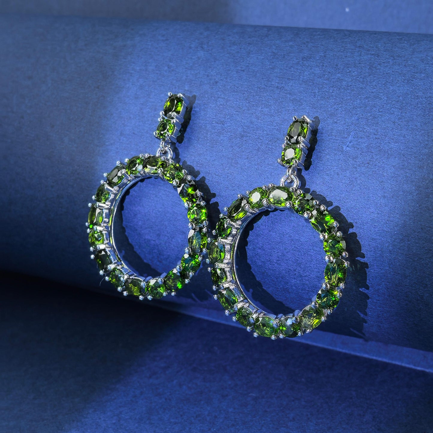 Rhodium Plated 925 Silver Geometric Roundcircle Natural Diopside Statement Drop Earrings