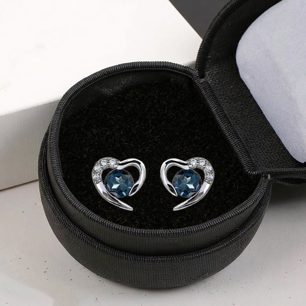 Elegant Rhodium Plated 925 Silver Jewelry Natural London Blue Topaz Heart Stud Earrings